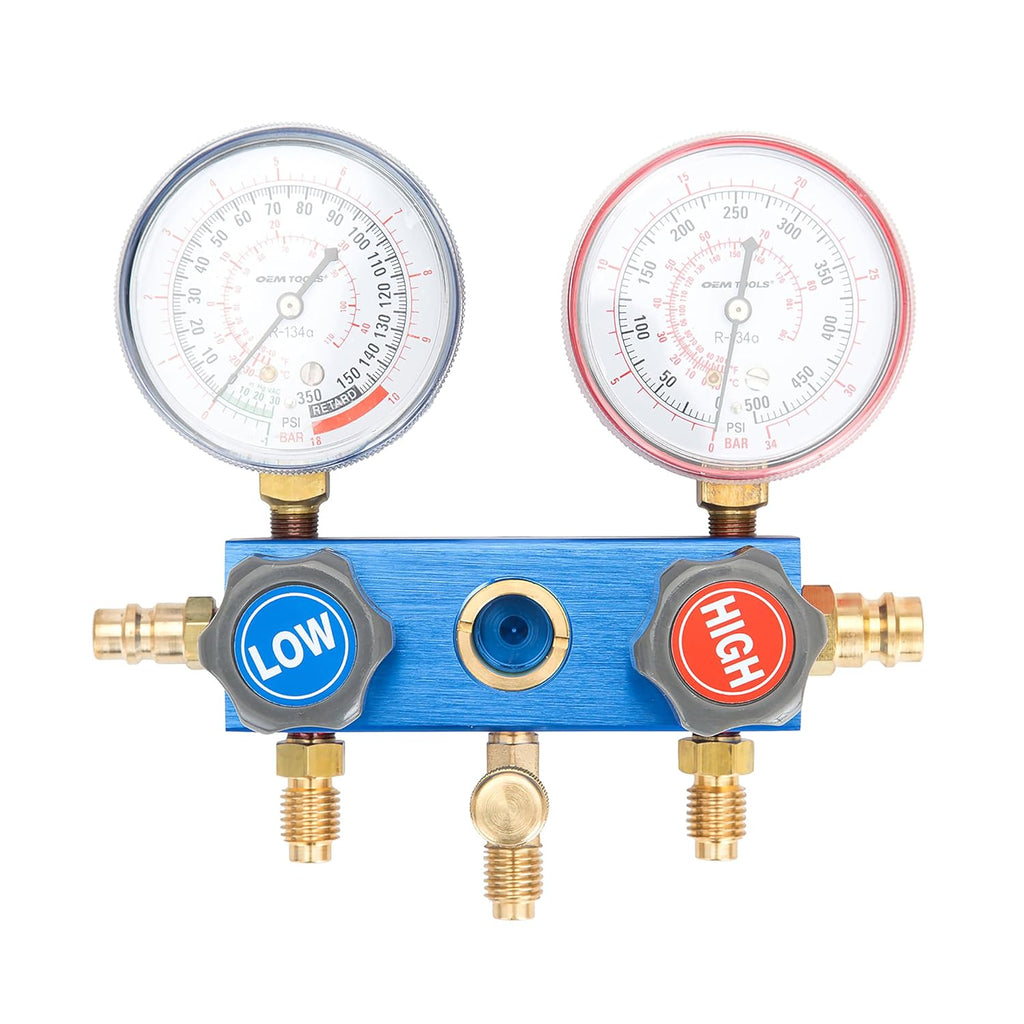 OEMTOOLS 24527 R134a Manifold Gauge Set, Automotive AC Manifold Gauge Set, Diagnostics and Refrigerant Charging, Extruded Aluminum Body, 72' Hoses, 2-3/4' Large Gauges, Manual Couplers