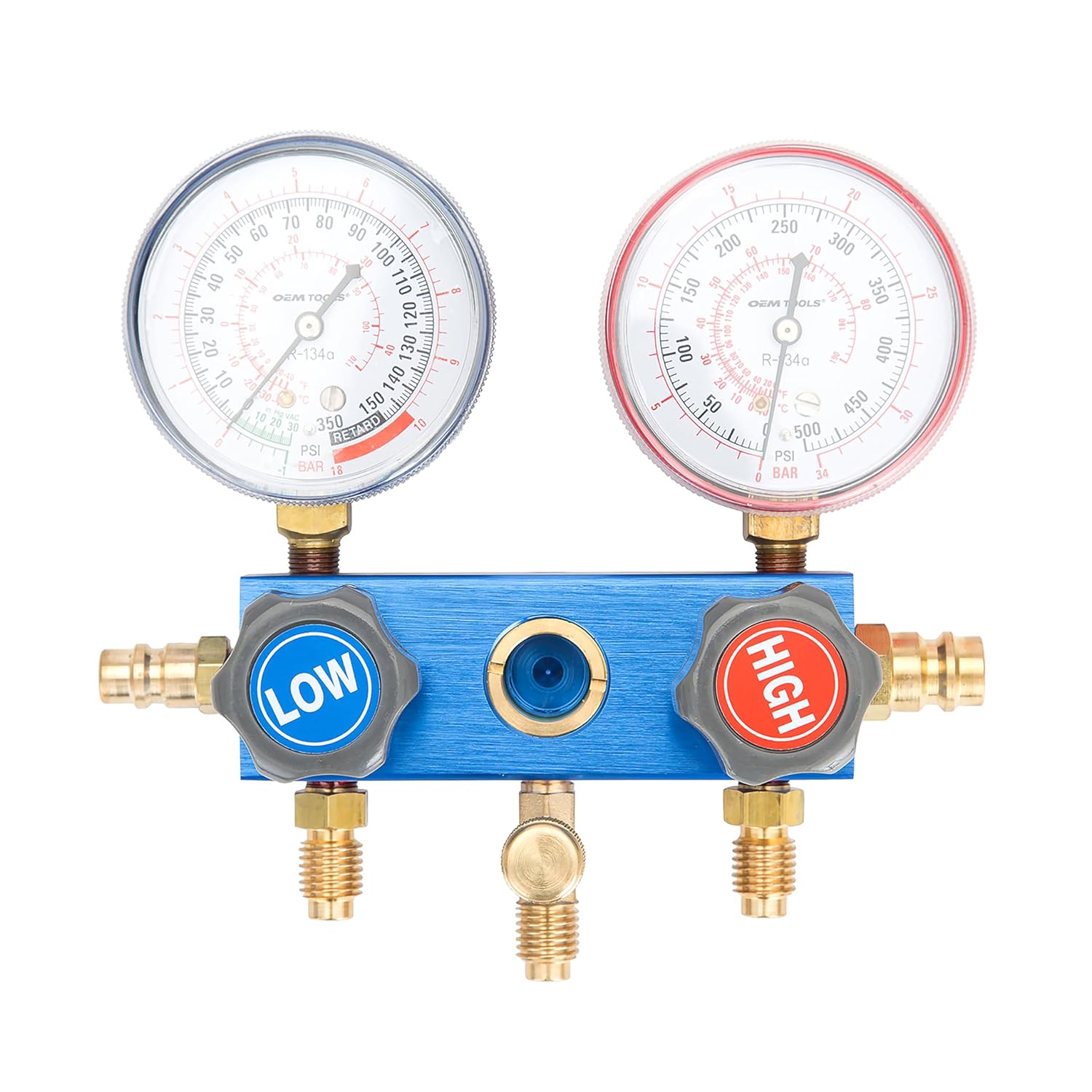 OEMTOOLS 24527 R134a Manifold Gauge Set, Automotive AC Manifold Gauge Set, Diagnostics and Refrigerant Charging, Extruded Aluminum Body, 72' Hoses, 2-3/4' Large Gauges, Manual Couplers