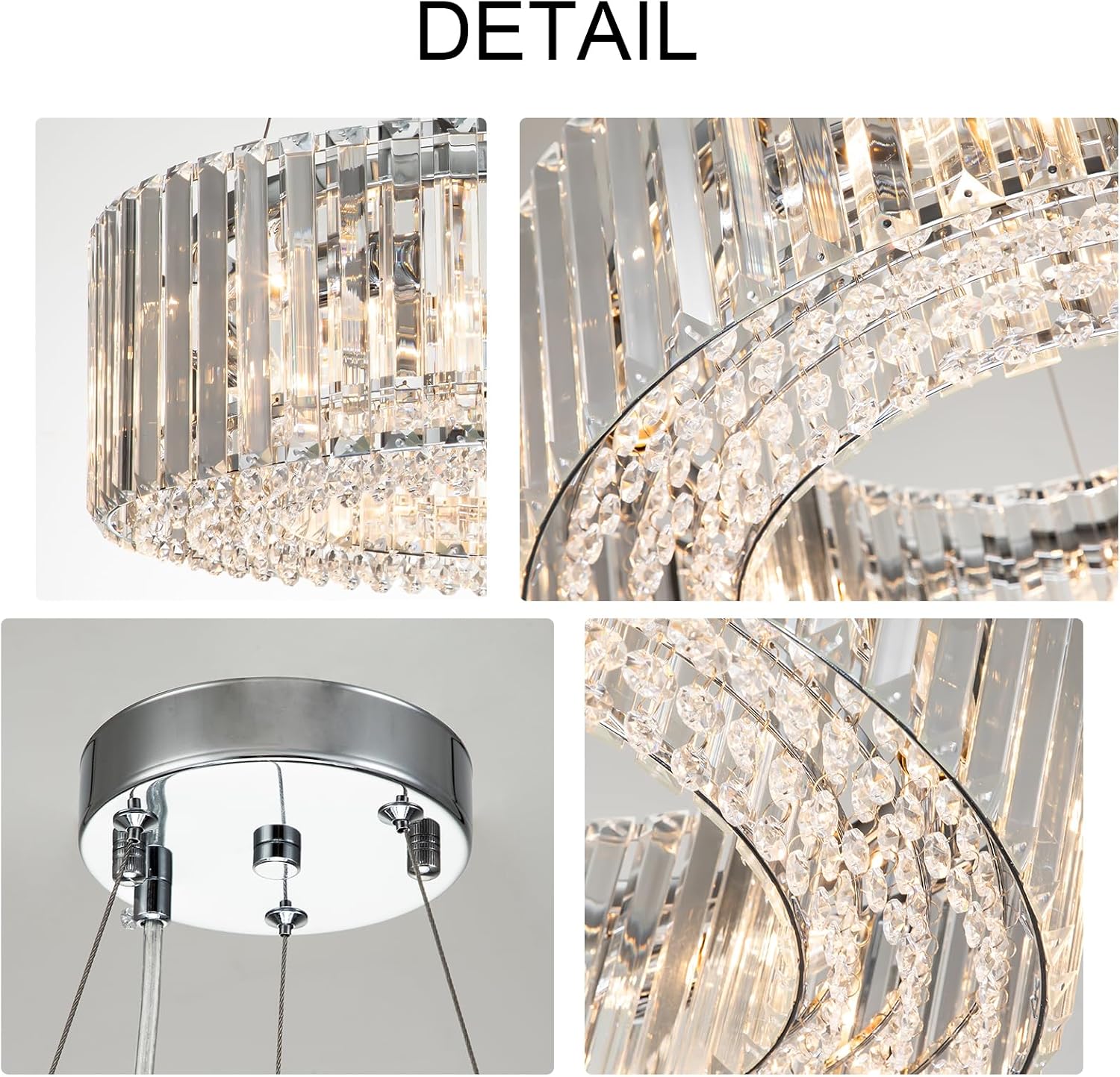 Lingkai Modern Round Crystal Chandelier, 19.7 in 6-Light Luxury Crystal Pendant Light Fixture E12 Bulb Semi Flush Ceiling 60W Adujustable Hanging Core Light Chrome