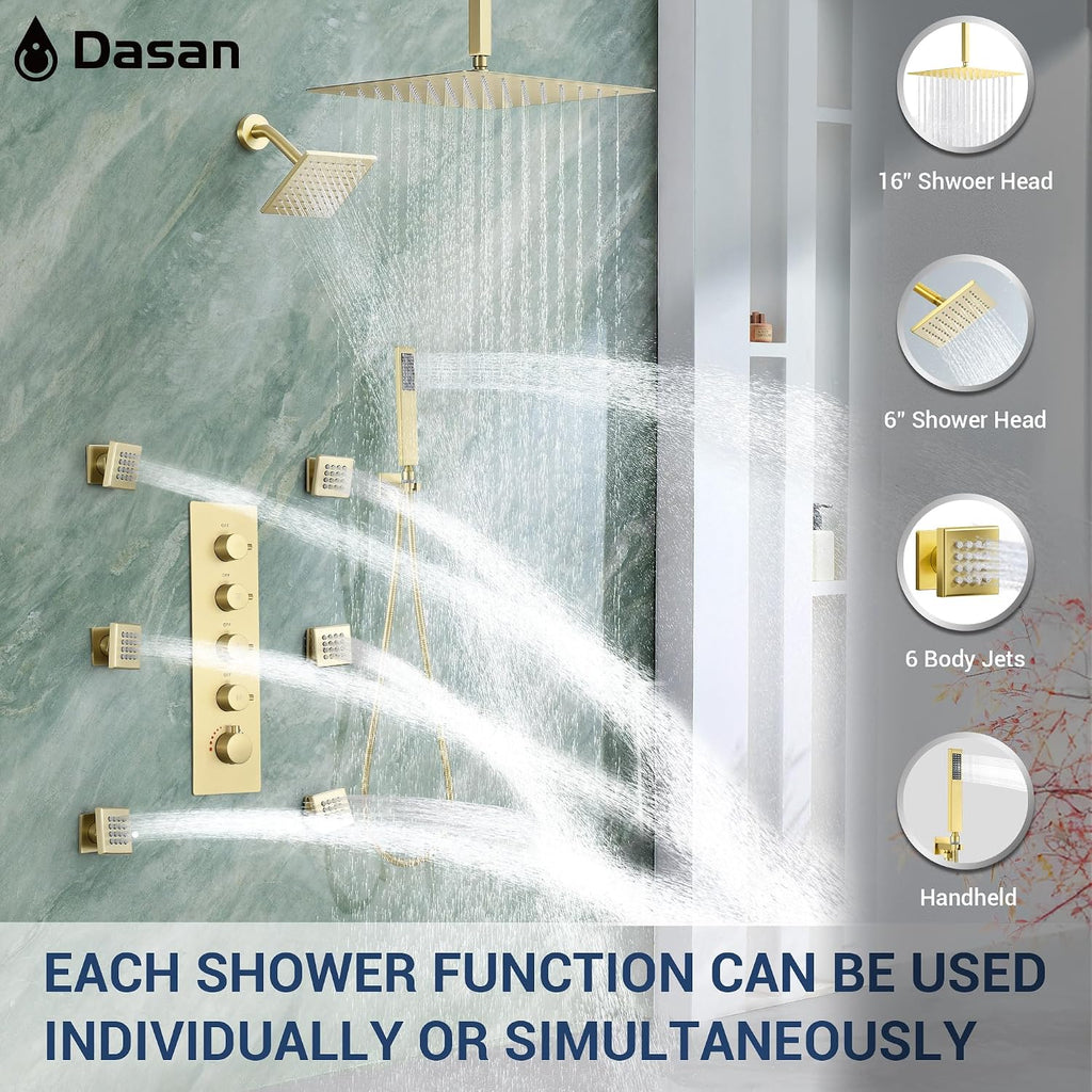 Dasan Thermostatic Dual Shower Head System with 6 Body Jets, 6-Inch Shower Head & 16' Rainfall Shower, Luxury Brushed Gold Shower Faucet Set Tandem Rain Shower Head System for Couples/ 2-Person