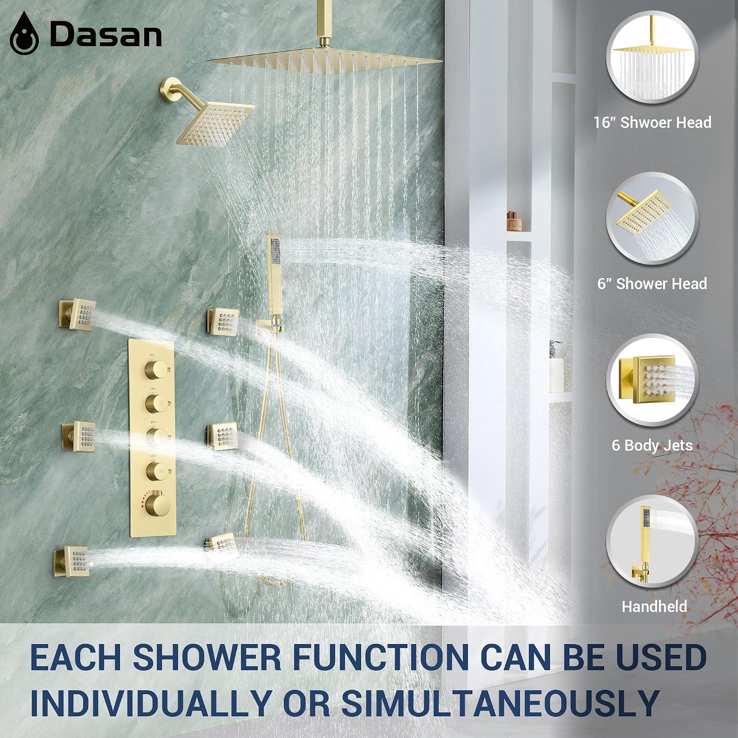 Dasan Thermostatic Dual Shower Head System with 6 Body Jets, 6-Inch Shower Head & 16' Rainfall Shower, Luxury Brushed Gold Shower Faucet Set Tandem Rain Shower Head System for Couples/ 2-Person