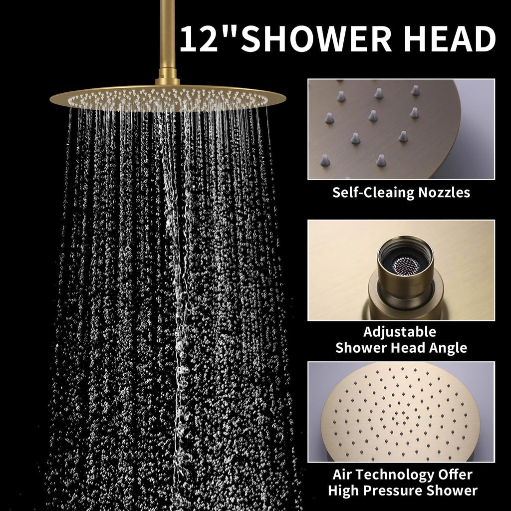 12Inch Brushed Gold Ceiling Shower System & 8Inch Wall-Mount Shower Faucet Set, 2 in 1 Handheld with Adjustable Slide Bar Included Temperature Display Valve and Trim Kit Can Work At Once