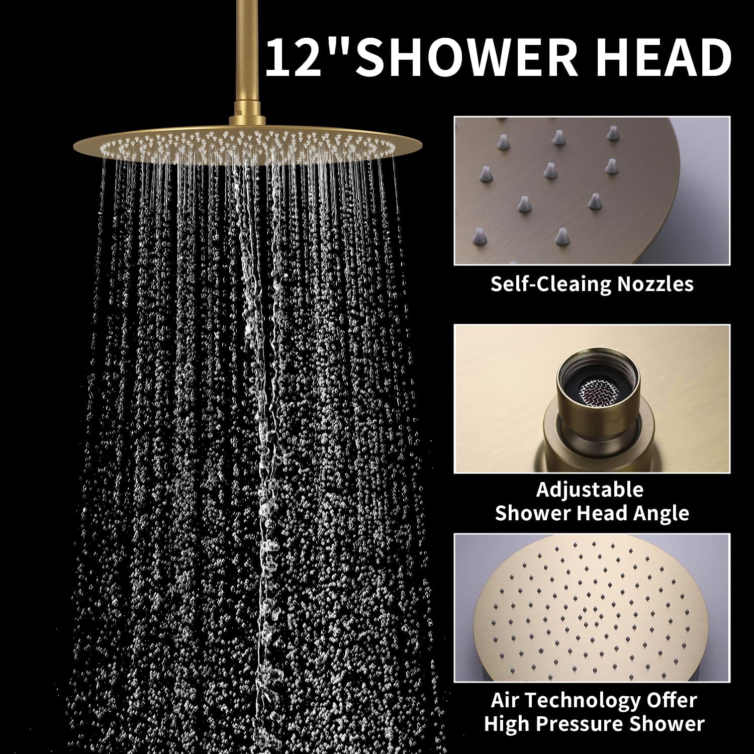 12Inch Brushed Gold Ceiling Shower System & 8Inch Wall-Mount Shower Faucet Set, 2 in 1 Handheld with Adjustable Slide Bar Included Temperature Display Valve and Trim Kit Can Work At Once