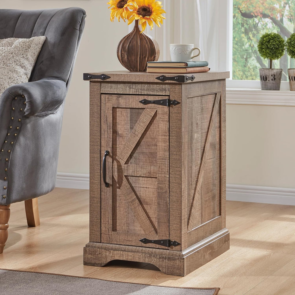 JXQTLINGMU Nightstand with Charging Station, Rectangular Farmhouse End Table with Barn Door and Adjustable Storage Shelf, 17' Deep Wood Rustic Sofa Side Table for Living Room, Bedroom, Light Brown