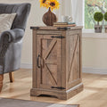 JXQTLINGMU Nightstand with Charging Station, Rectangular Farmhouse End Table with Barn Door and Adjustable Storage Shelf, 17' Deep Wood Rustic Sofa Side Table for Living Room, Bedroom, Light Brown