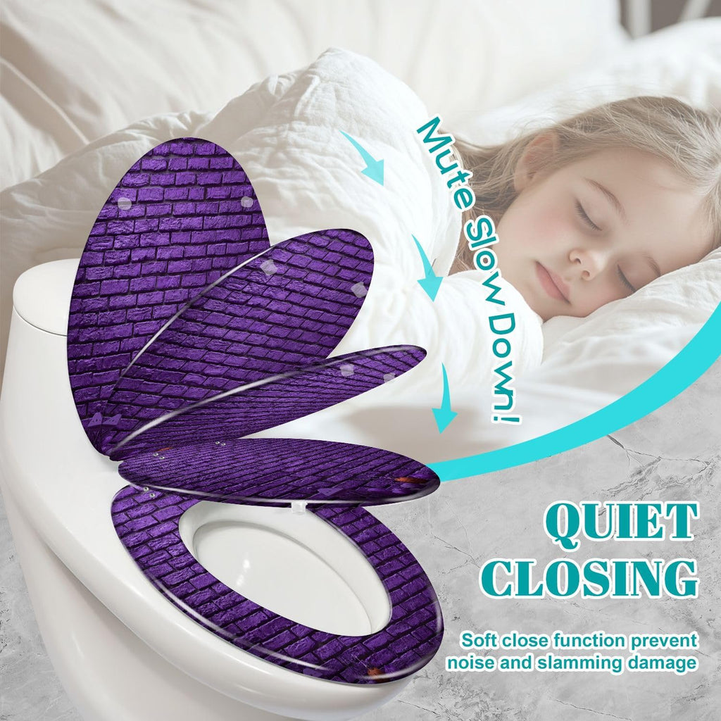 Elongated Toilet Seat Violet brick wall Halloween day Resin Toilet Seat Slow Quiet Close Lid with Quick-Release Hinges Cover Bumpers Easy to Clean Install