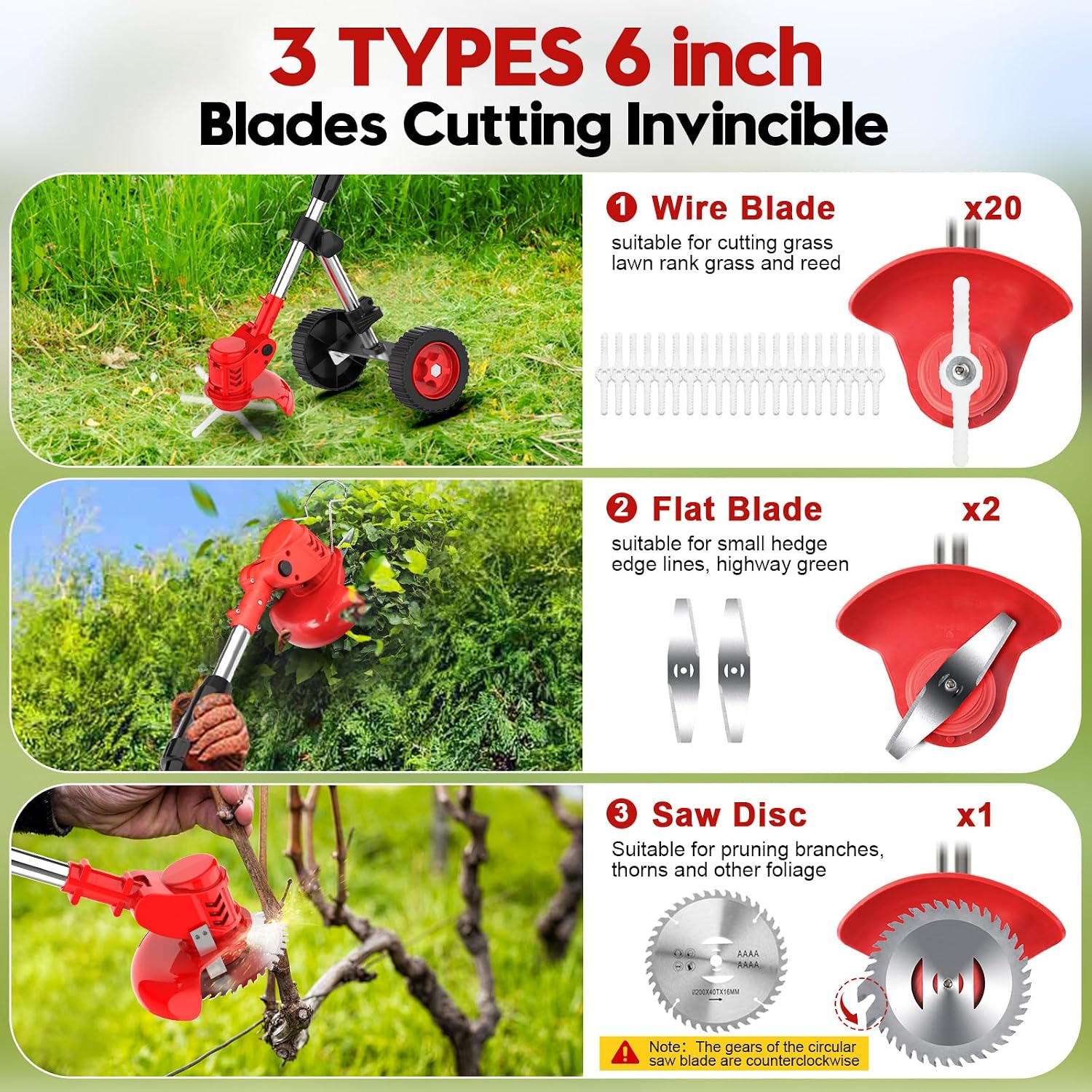 Cordless Weed Wacker with Wheel, Electric Weed Eater Battery Powered W/Blade, 3 in 1 Weed Trimmer Edger Weed Brush Cutter Mower, No String Grass Trimmer Wheel Yard Garden Tool