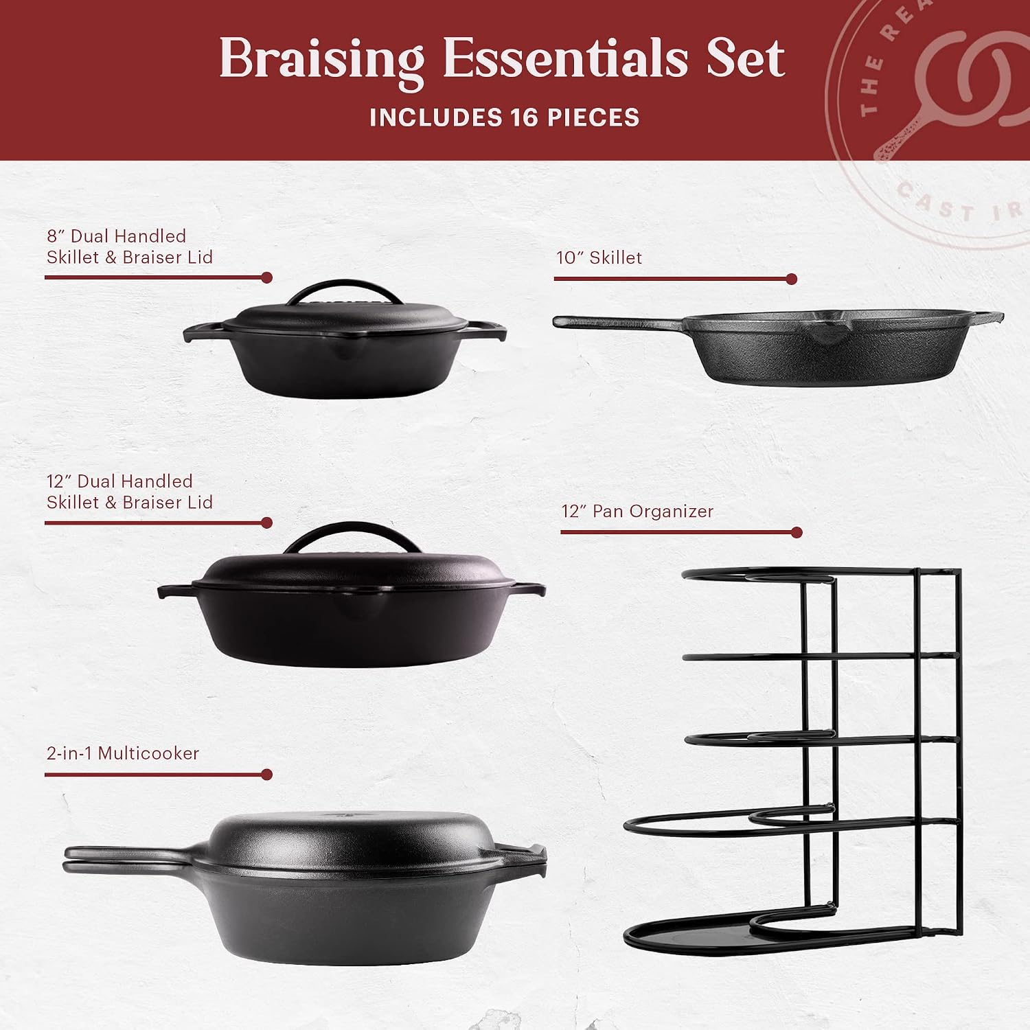 Cuisinel Cast Iron 16-Piece Pre-Seasoned Cookware Set - 8' + 12' Braiser Pans + Cast Iron Lids + 10' Skillet + 2-in-1 Multi-Cooker + 12' Organizer + Scraper + Silicone Handle Covers - Fire, Oven Safe