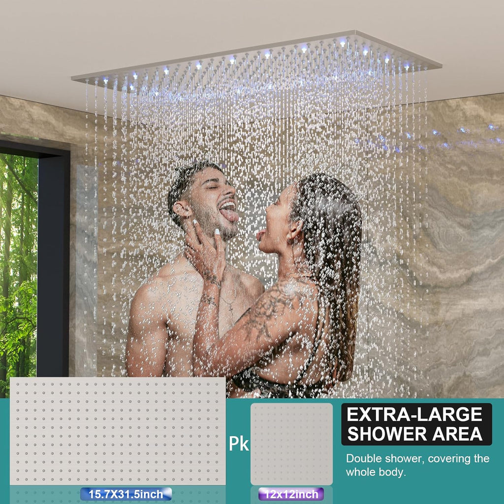 Luxury 15.7x31.5inch LED Rainfall Couples' Shower Multi Shower Head Thermostatic Shower System with Body Spray, Brushed Nickel