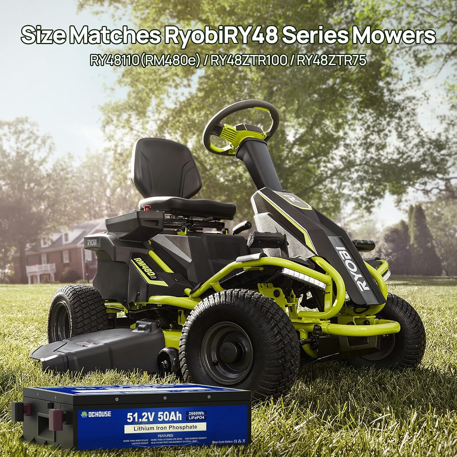 DC HOUSE 48V 50Ah LiFePO4 Golf Cart Battery, Built-in 100A BMS-2C,Bluetooth & Low Temp Cut-Off, Suitable for both Club car, Yamaha golf carts, Ryobi Mowers, Trolling Motor