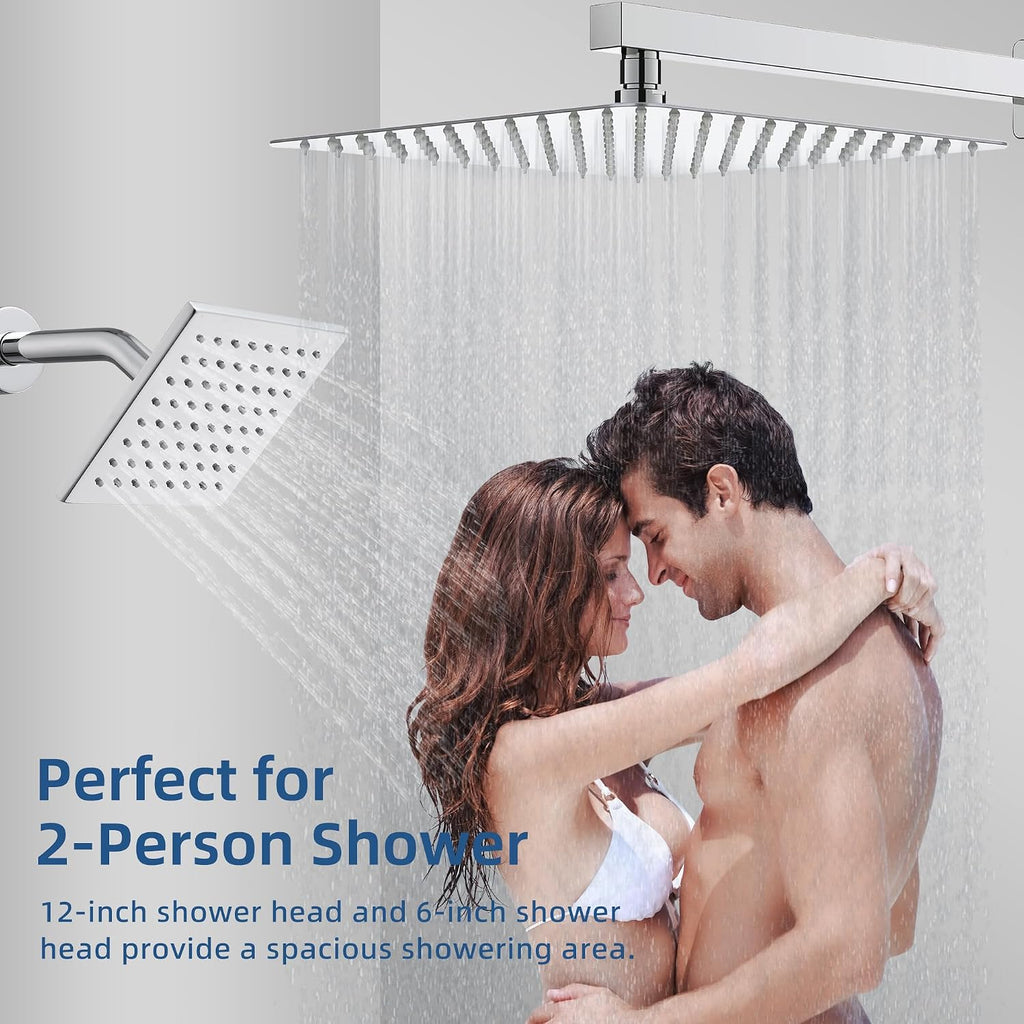 Thermostatic Dual Shower System with Wall Mount 12-Inch Rainfall Shower & 6-Inch Shower Head, Bathroom Shower Faucet Set with High Pressure Handheld Sprayer, Included Valve and Trim (Chrome)