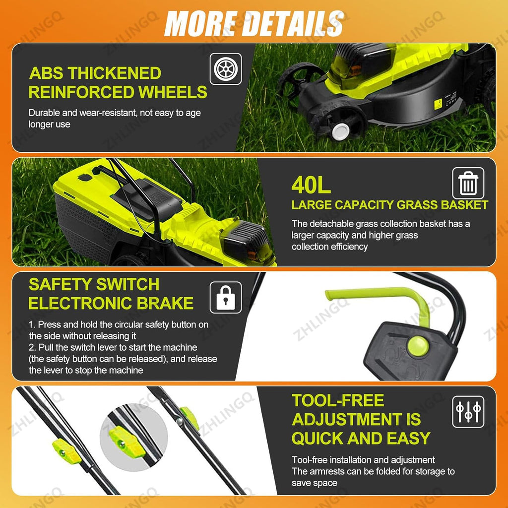 Electric Cordless Push Lawn Mower with 40L Grass Box, Grass Catcher for Lawn Care and Garden, 30/50/70 Mm Adjustable Cutting Height, Cutting Width 330mm, Fast Charger Included,Battery*4