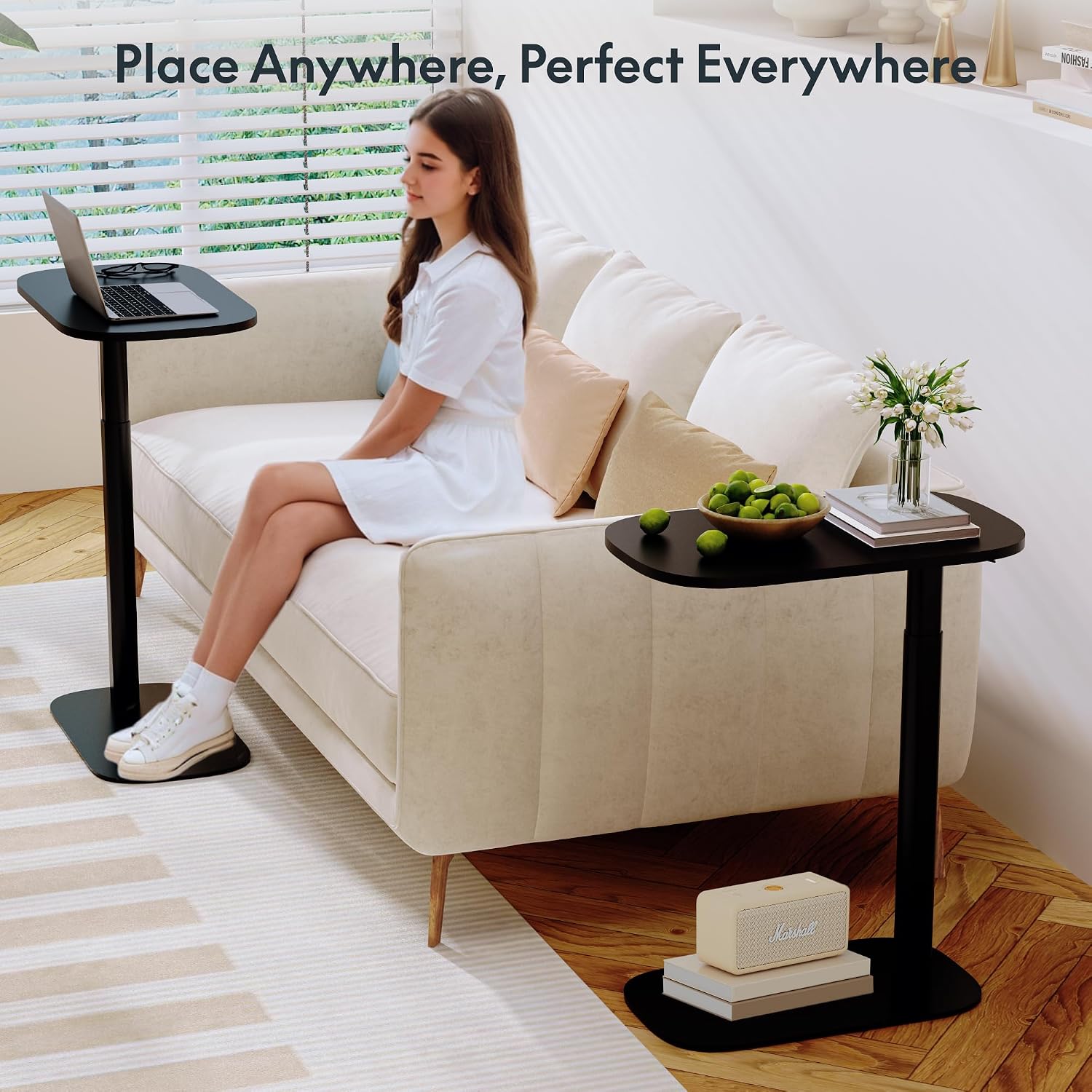 FLEXISPOT Adjustable C Table, Mobile Snack Side End Table Sofa Couch Bedside Table Laptop Cart TV Tray Night Stand Small Space Side Table(23.6' W x 13.8' D,Black)