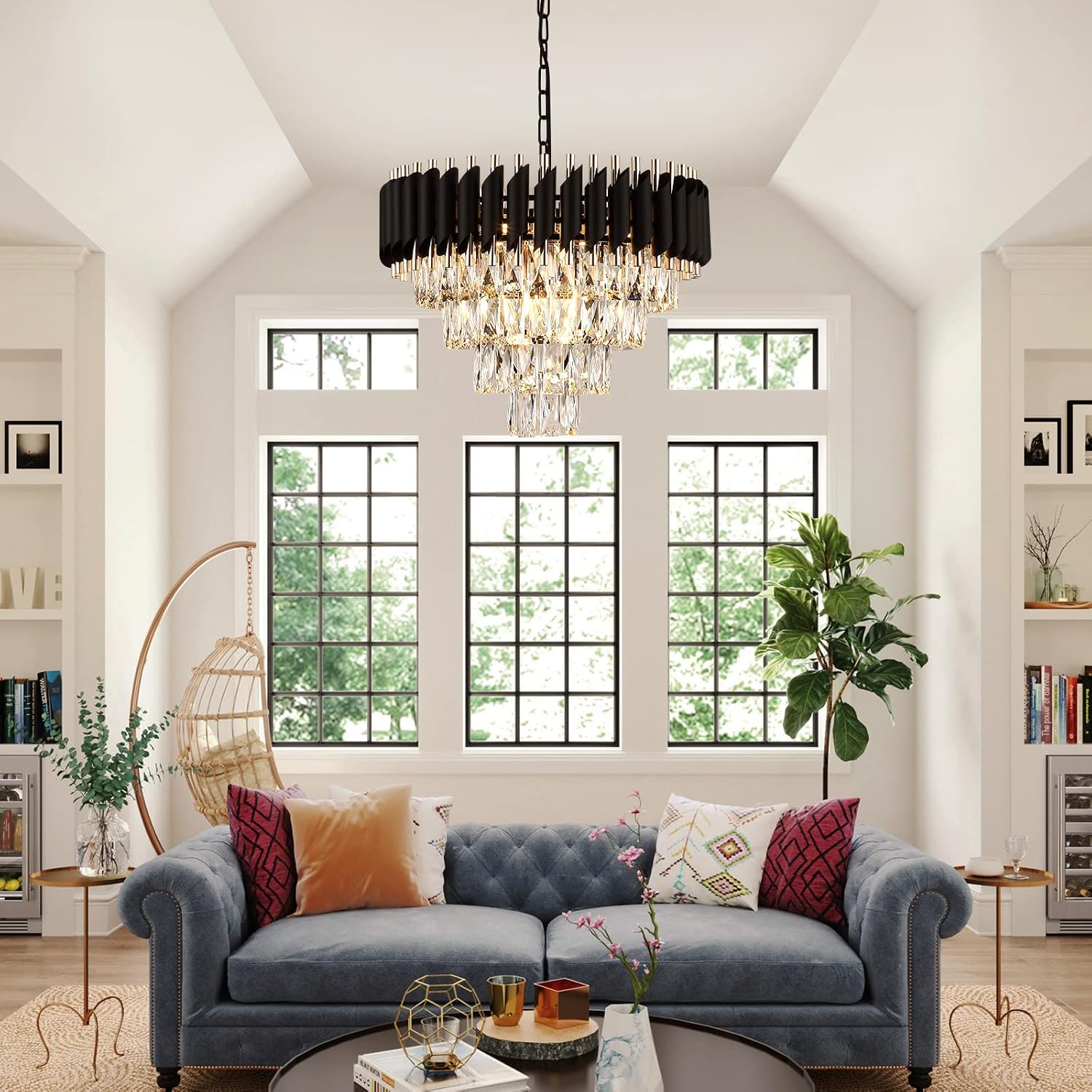 AXILIXI Modern Crystal Chandelier - 20' Crystal Ceiling Pendant Light 4 Tier Raindrop Flush Mount Chandelier in Black and Gold for Entryway, Foyer, Dining Room