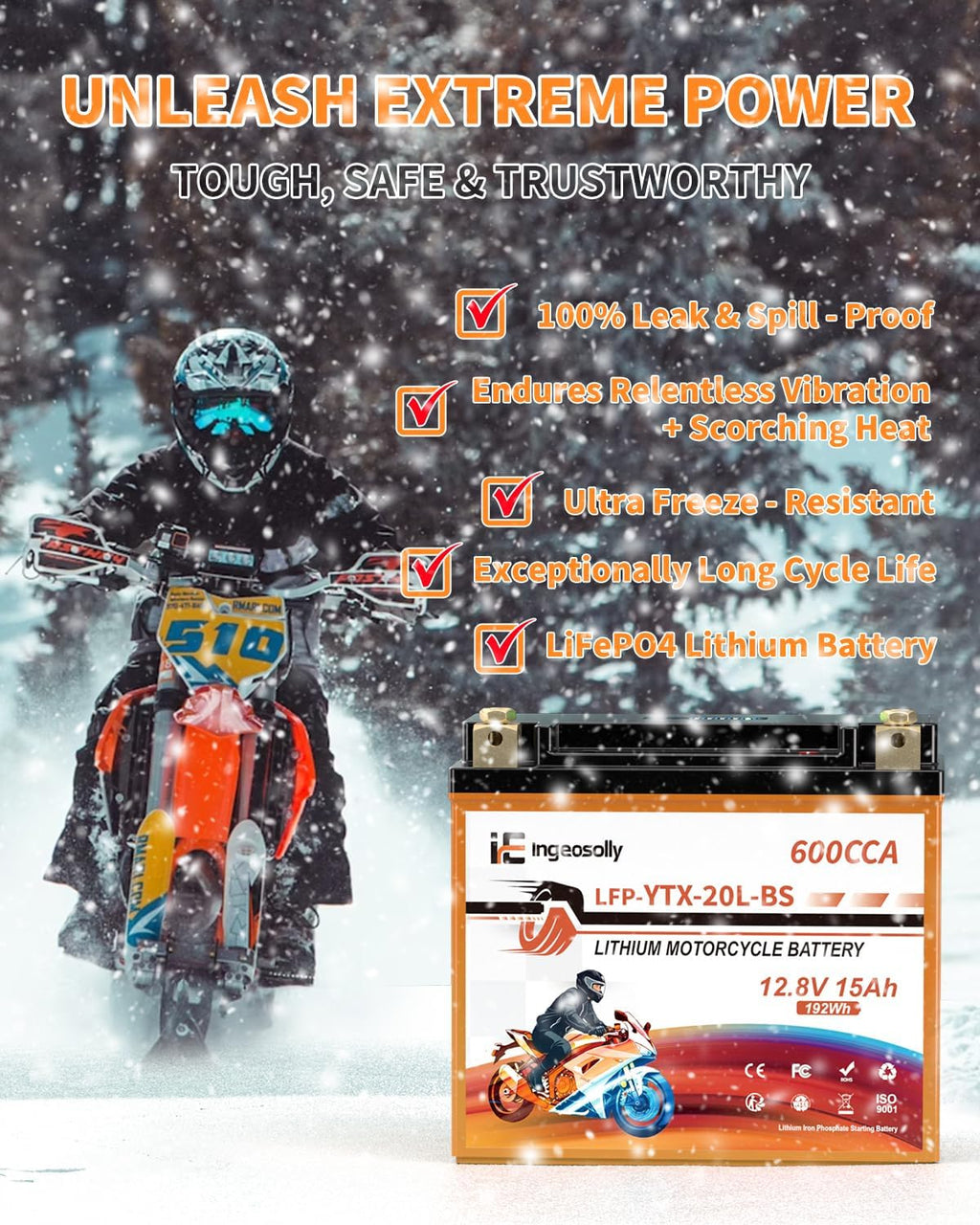 LiFePO4 YTX20L-BS Motorcycle Battery, 12V 15AH Powersports Battery- 600CCA Motorcycle Start Batteries for ATV, UTV, Jet Ski, Snowmobile, Generator and Riding Lawn Mower Battery