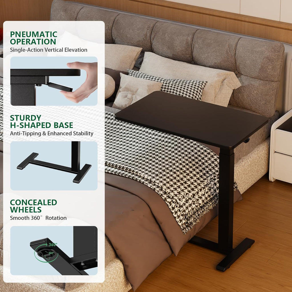 Ywin Medical Adjustable Overbed Bedside Table with Wheels, Rolling Standing Desk, Pneumatic Small Side Bed Table with Tray for Couch, Hospital, Home,Office Use (Black)