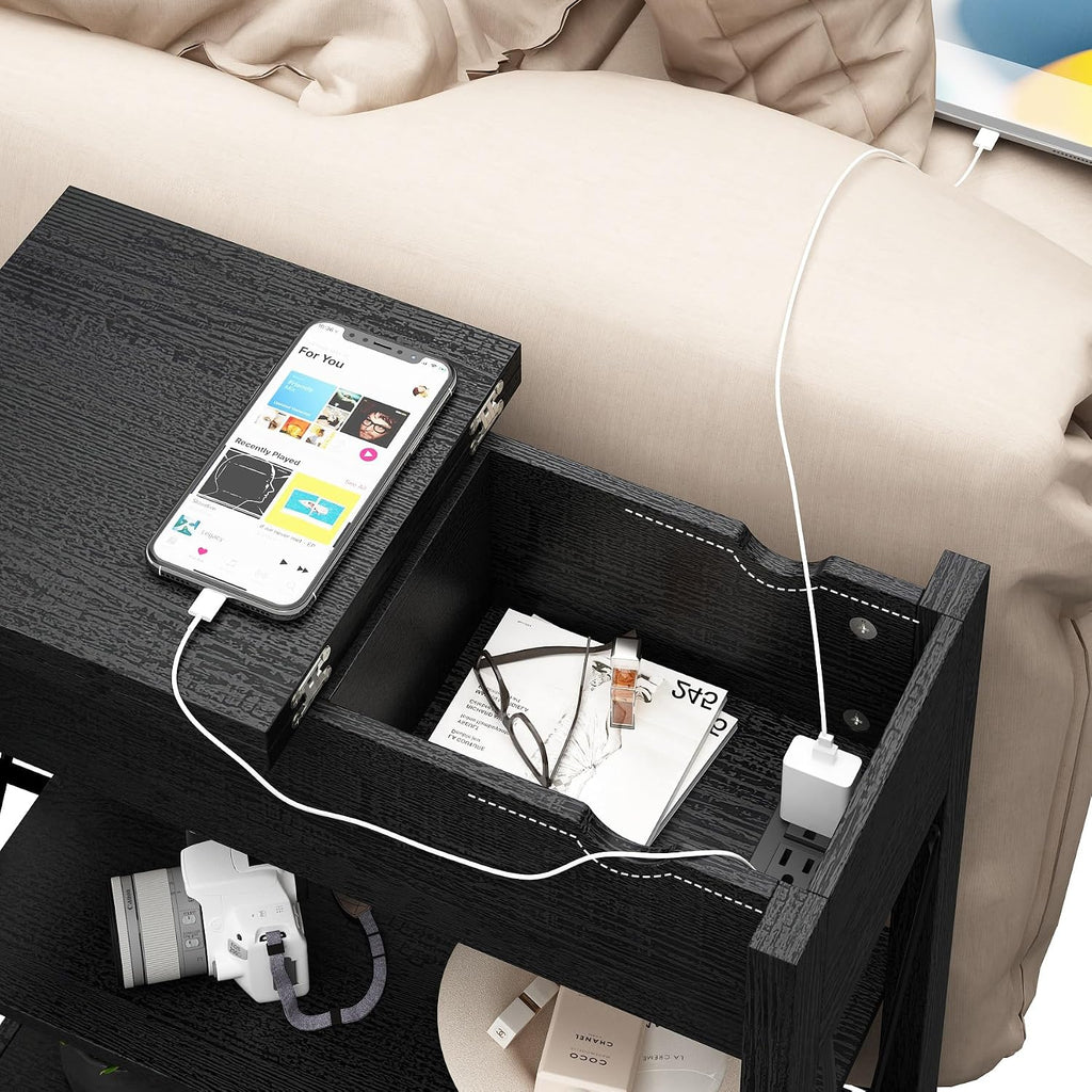 Awescuti Narrow End Table with Charging Station - Farmhouse Slim Side Table Set of 2, w/USB Ports Power Outlets, Nightstand w/Flip Top Storage Drawer, for Small Spaces Living Room Bedroom, Black