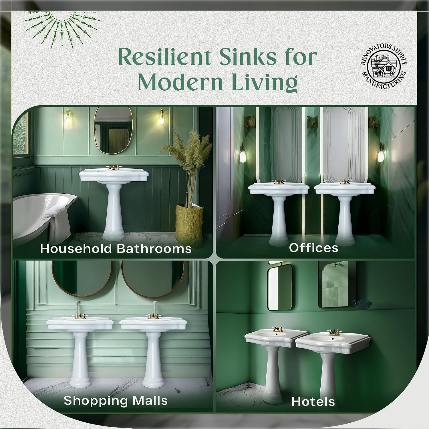 Renovators Supply Manufacturing Darbyshire 34'W x 22.5' D x 32' H Large Bathroom Pedestal Sink. Vitreous China with Overflow, 4 in. Centerset Faucets