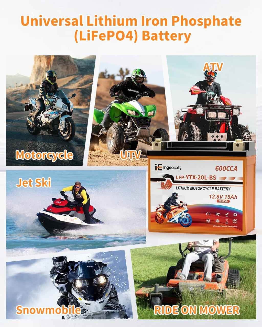 LiFePO4 YTX20L-BS Motorcycle Battery, 12V 15AH Powersports Battery- 600CCA Motorcycle Start Batteries for ATV, UTV, Jet Ski, Snowmobile, Generator and Riding Lawn Mower Battery