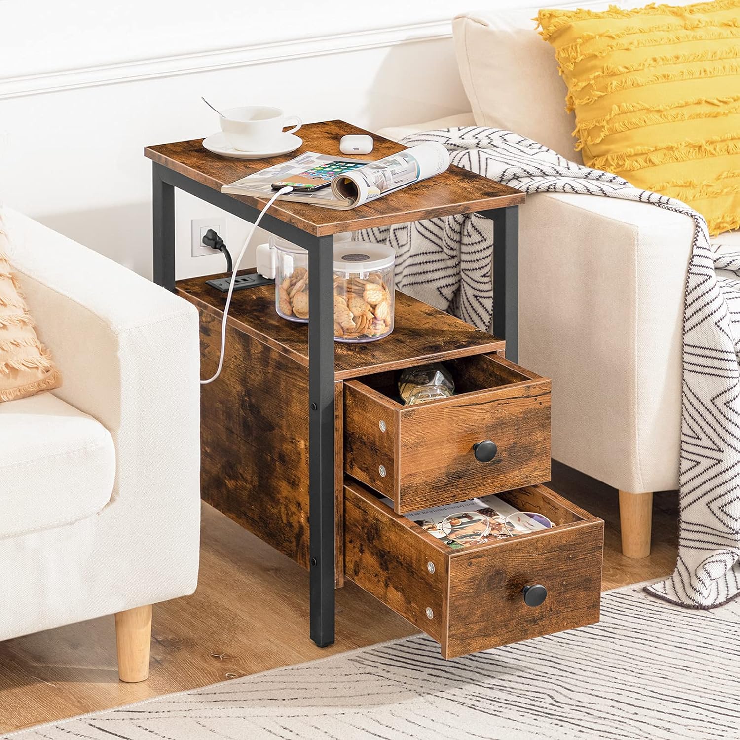 HOOBRO End Table with Charging Station, Narrow Side Table with 2 Drawer & Power Outlets, Nightstand Small Spaces, Rustic Brown and Black BF541BZP201