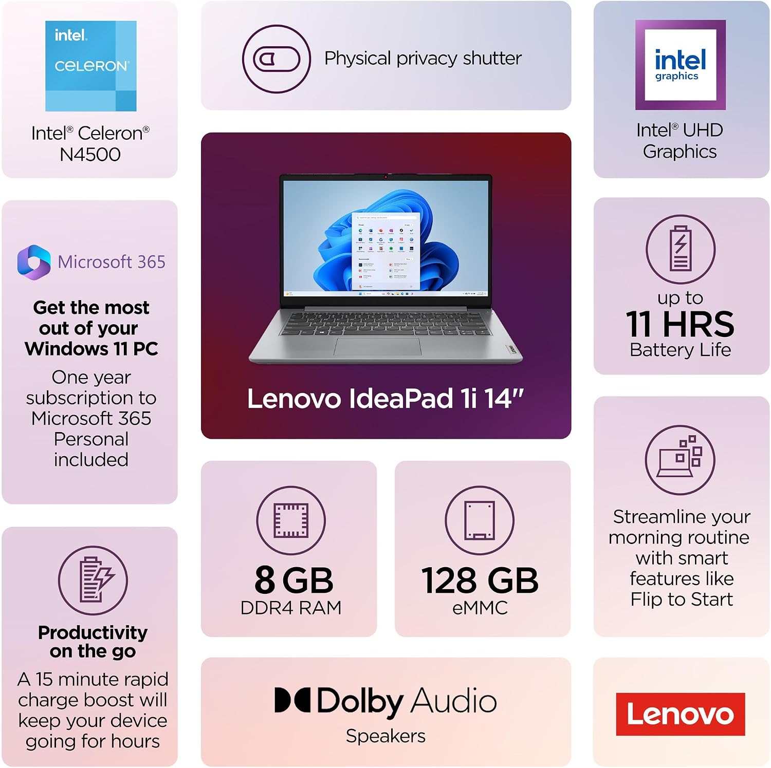 Lenovo IdeaPad Laptop with Microsoft Office for Students, Intel High Performance CPU, 12GB RAM, 512GB SSD, SD-Card Reader, WiFi 6, Windows 11 S, 8 in 1 Hub,Type C RJ45 Cable