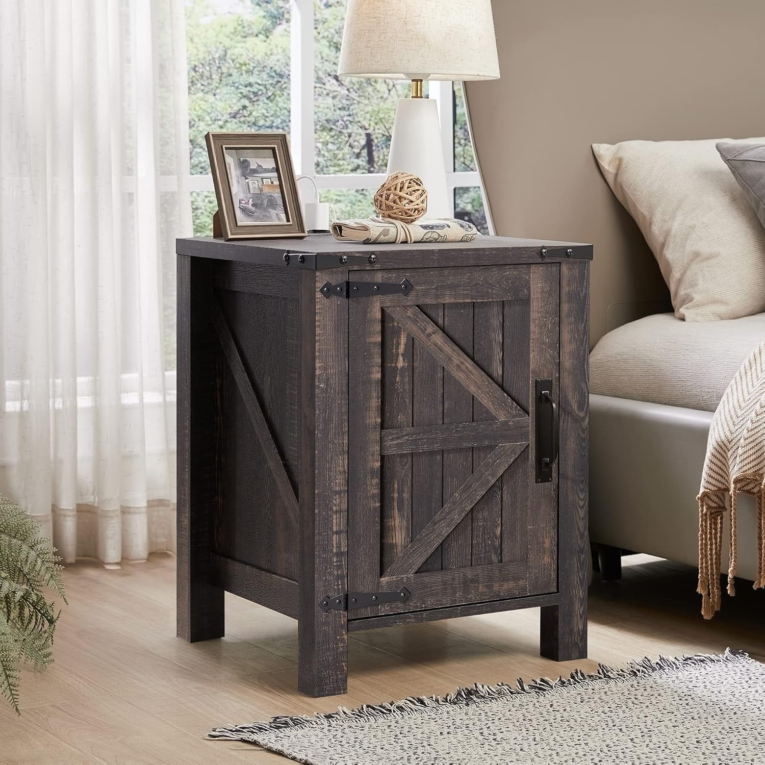 OKD Farmhouse Nightstand Set of 2, 18 Inch Rustic End Table with Charging Station, Barn Door, Adjustable Storage Shelf, Wood Sofa Side Table for Living Room, Bedroom, Dark Rustic Oak