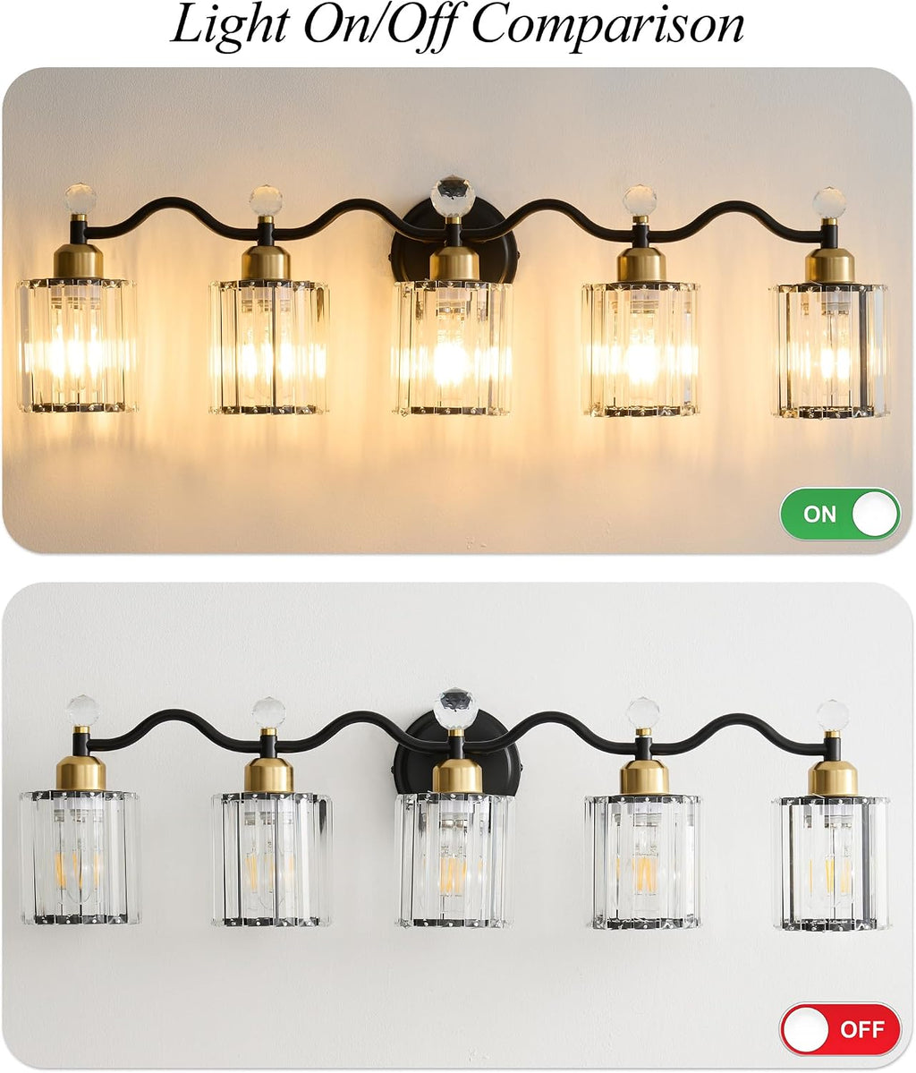 5 Light Vanity Light, Modern Black and Gold Crystal Bathroom Vanity Lighting Fixtures, Bath Wall Mount Lights with Clear Crystal Glass Shade, Wall Sconce Light for Mirror Bedroom Living Room, E26 Base
