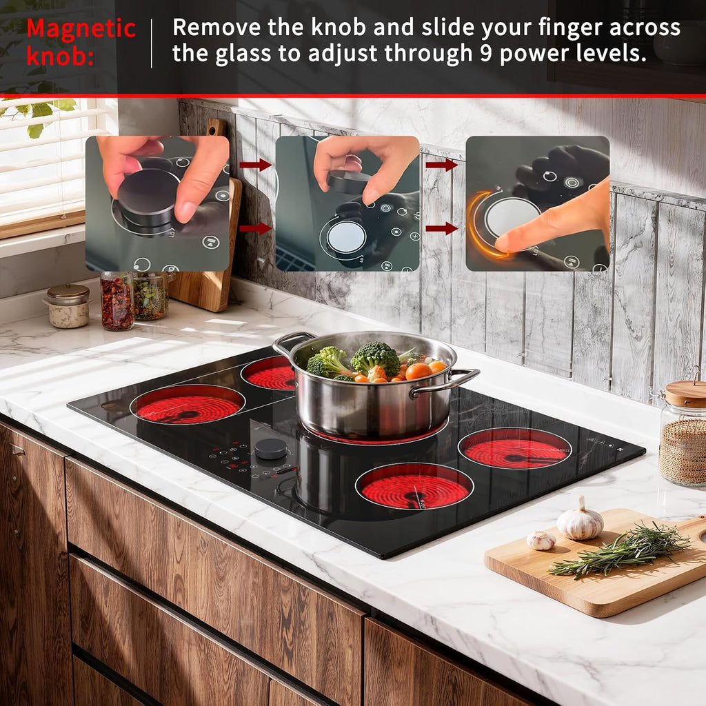 Karinear Electric Cooktop 30 Inch with Magnetic Knob, Bridge BBQ, 5 Burner Radiant Stove Top, 8600W 240V Built-in Hob, 9 Heat Levels, 99-Min Timer, Child Lock, Pause
