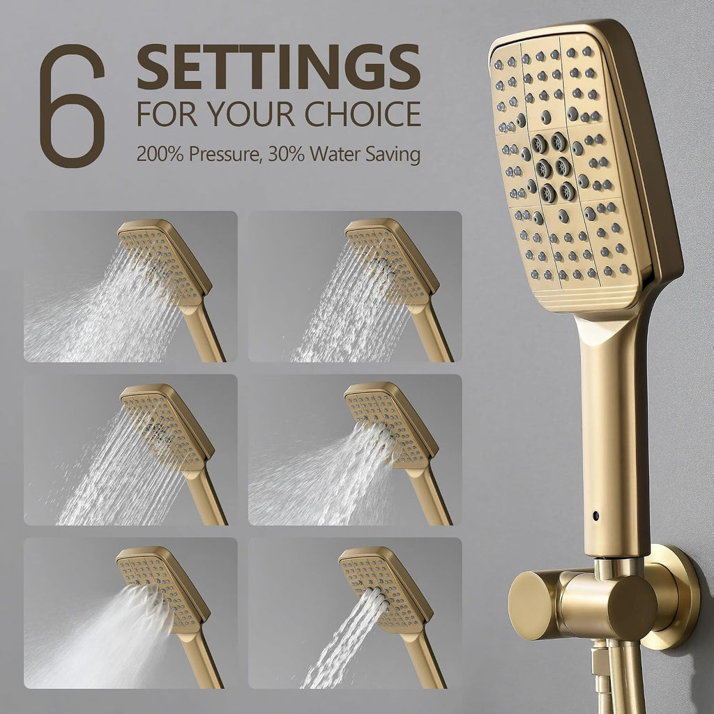 Shower Faucet Set - 12 inches Rain Shower System with 6 Function Handheld Shower Head Rough in Pressure Balance Valve Kit - Stainless Steel Bathroom Shower Kit Complete Brushed Gold
