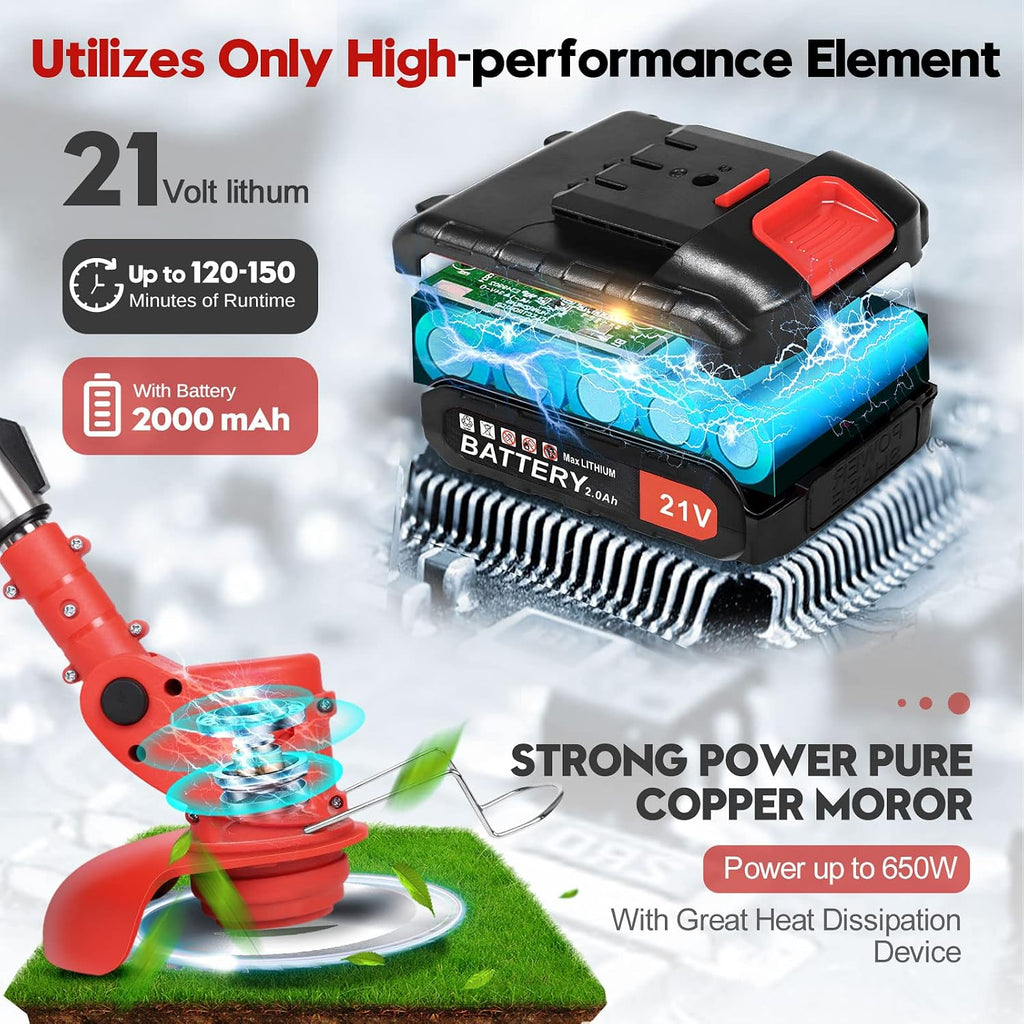 Cordless Weeder Mower Battery Powered 21V 2000mAh, Electric Weeder Brush Cutter, Height Adjustable Edge Trimmer mini Mower 3-in-1 Cutting Tool, 8 Blades, 1 Wheel, 2 Batteries, 1 Charger
