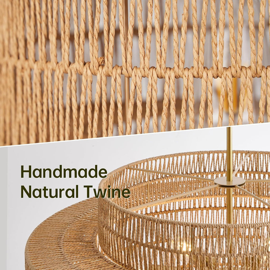 30' Boho Rattan Chandelier Light Fixture, 8-Light Large Hand Woven Pendant Light Fixture Farmhouse Rustic Chandeliers for Dining Room, Kitchen, Bedroom, Living Room, Hallway, Foyer