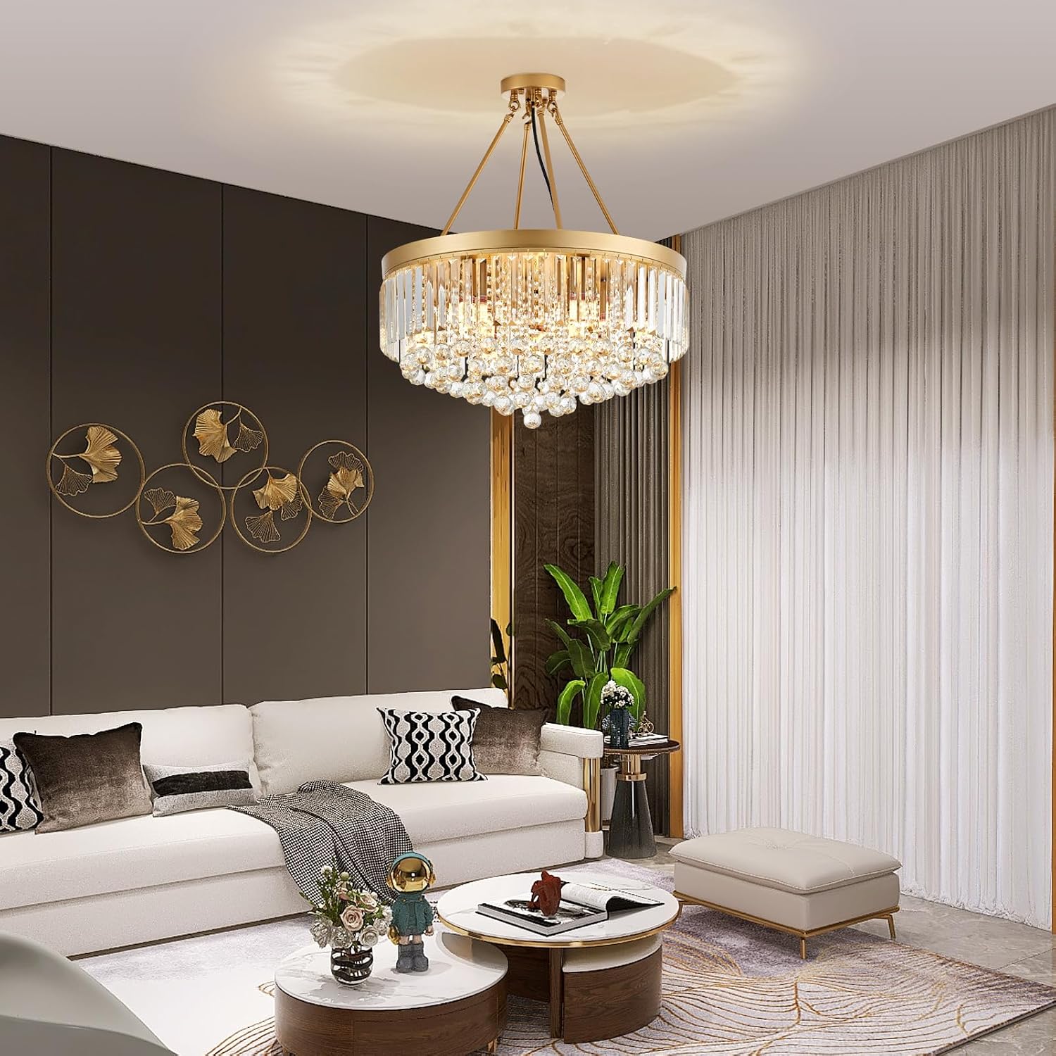 9-Light Gold Crystal Chandelier Contemporary 22'' Modern Semi Flush Mount Crystal Hanging Light Sparkling Decoration for Bedroom Entryway Living Dining Room Kitchen Island Hallway