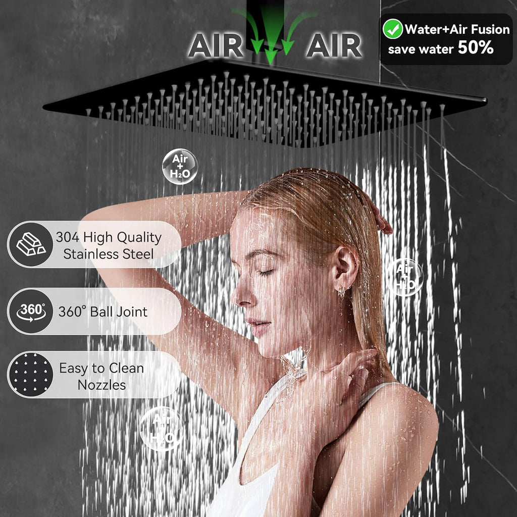 Shower System Matte Black Dual Shower Head with Body Jets, Oupukle Four Modes Shower Faucet Set Wall Mounted 12' & 6' Rain Shower Head with 6PCS Body Jets