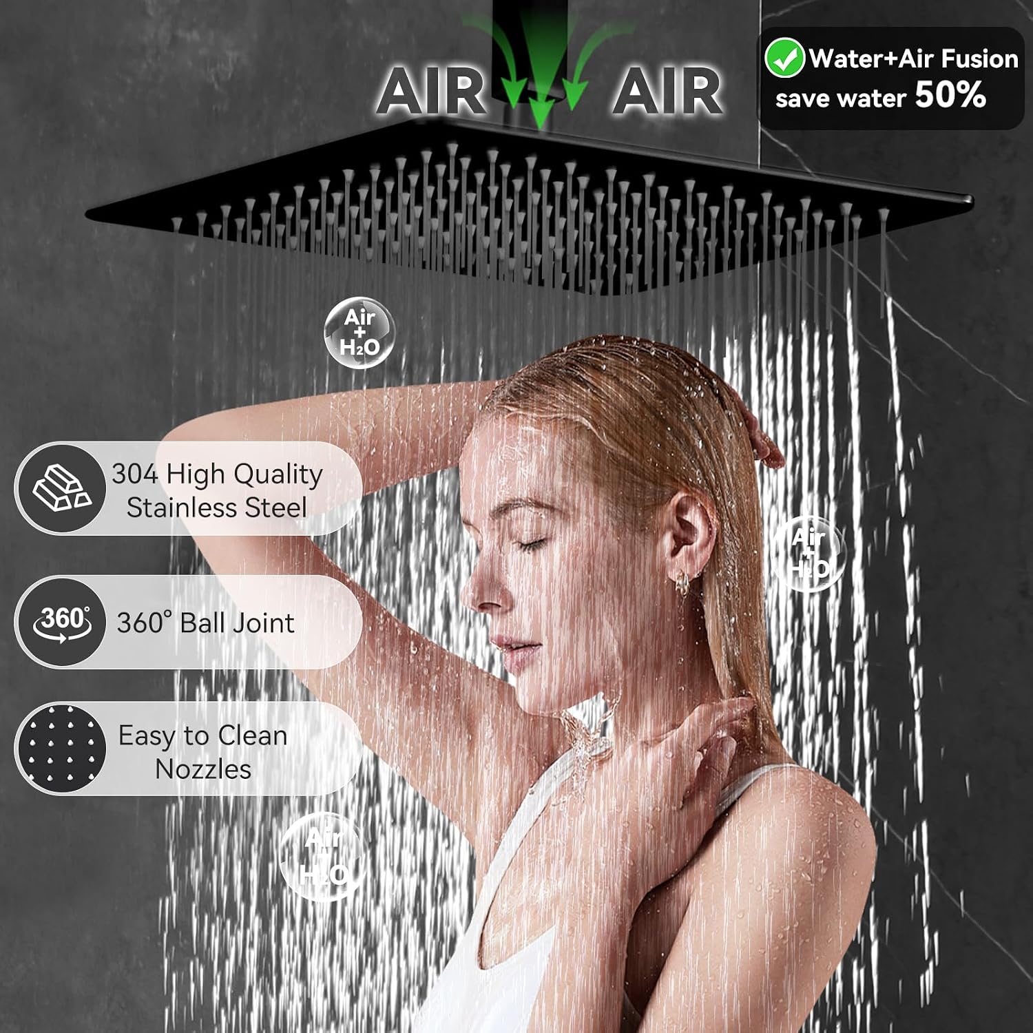 Shower System Matte Black Dual Shower Head with Body Jets, Oupukle Four Modes Shower Faucet Set Wall Mounted 12' & 6' Rain Shower Head with 6PCS Body Jets