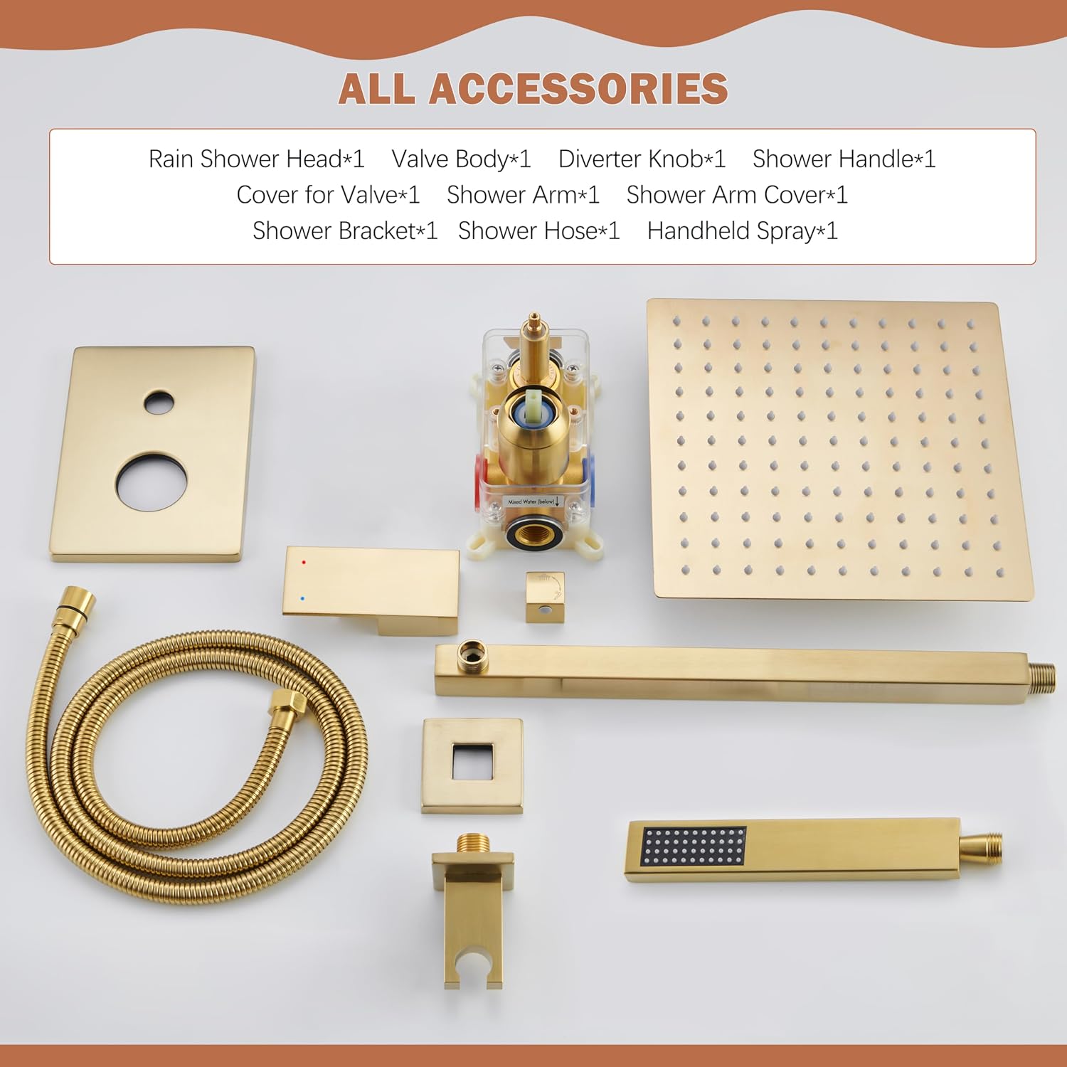 Gold Shower System, Shower Faucet Set with 10-Inch Rain Showerhead and Handheld Spray, Wall Mounted High-Pressure Showerhead Combo Set Included Valve and Trim, Brushed Gold