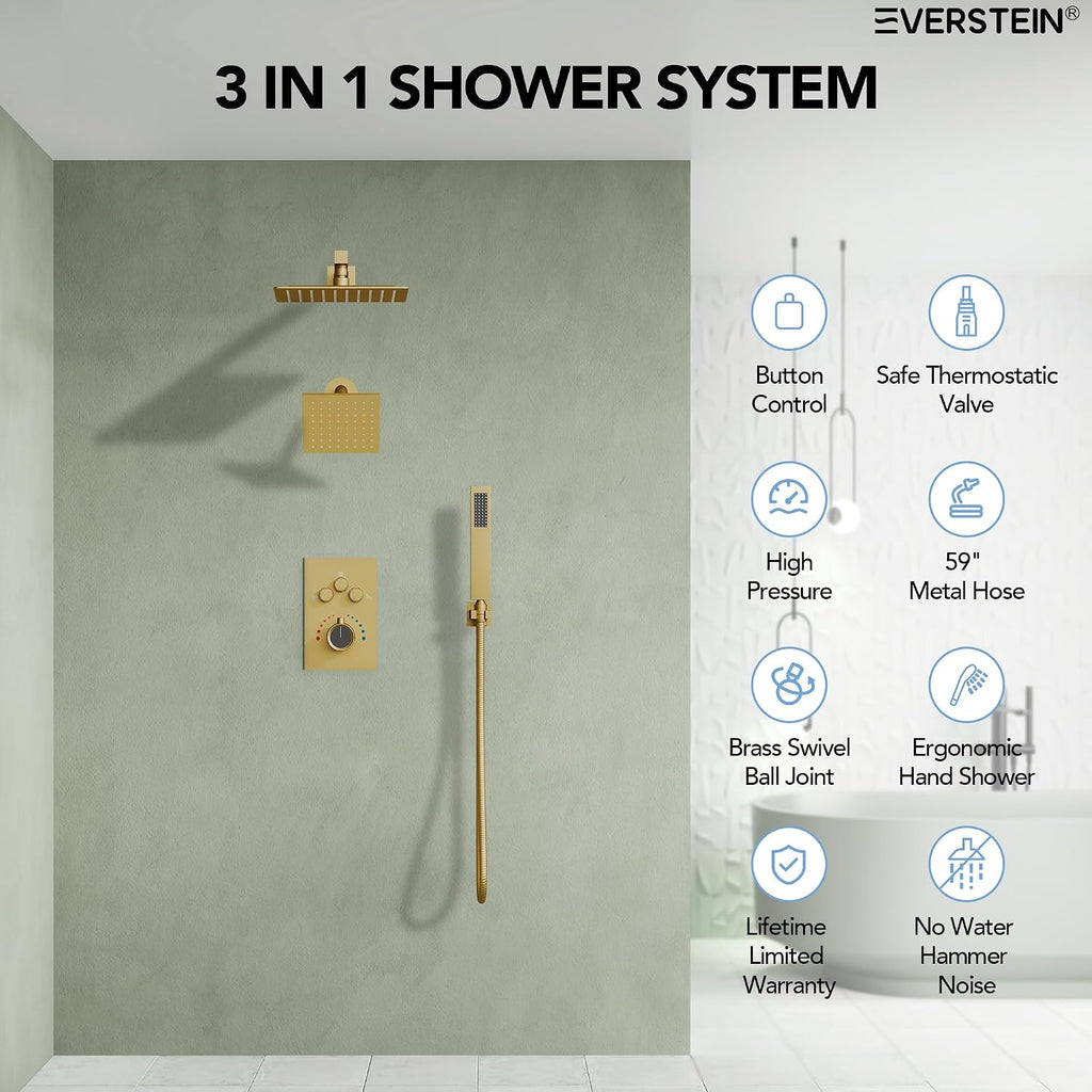 Wall Mount 12' High-Pressure Rainfall Shower Faucet, Dual Rainfall Shower Head System with Valve (Brushed Gold)