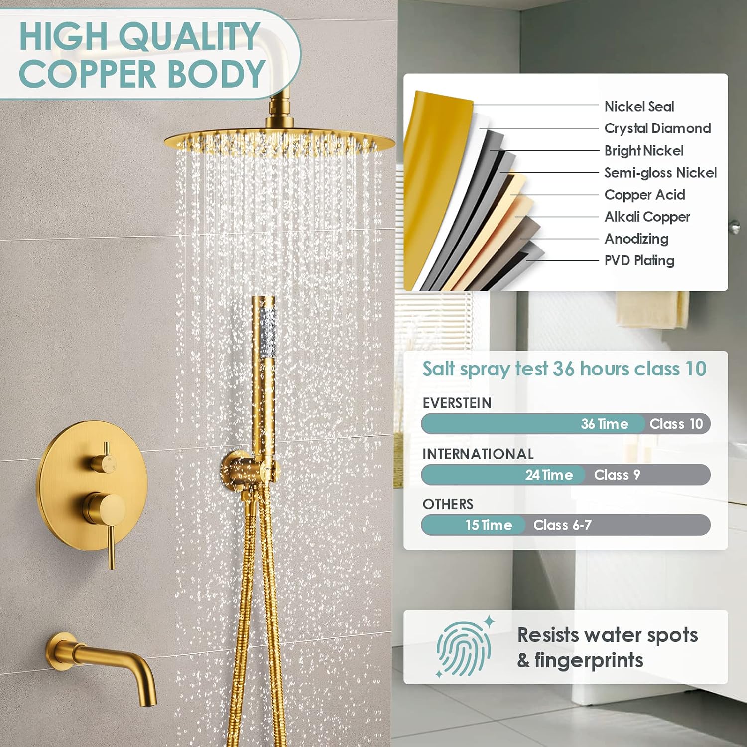 Shower System with Tub Spout: EVERSTEIN Shower Faucet Set Complete, 3-Function Wall Mount 10 Inch High Pressure Round Rain Shower Head with Handheld Sprayer, Tub and Shower Faucet Combo (Brushed Gold)