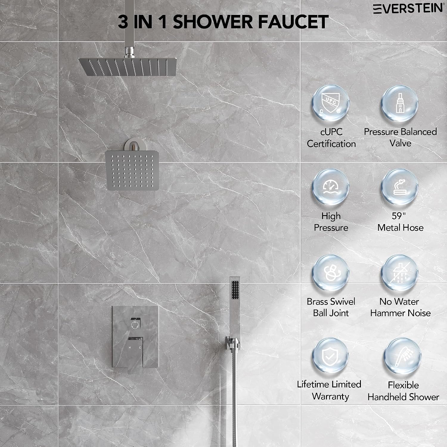 10' High-Pressure Rainfall Shower Faucet, Celling Mount Dual Shower Head System, Polished Chrome