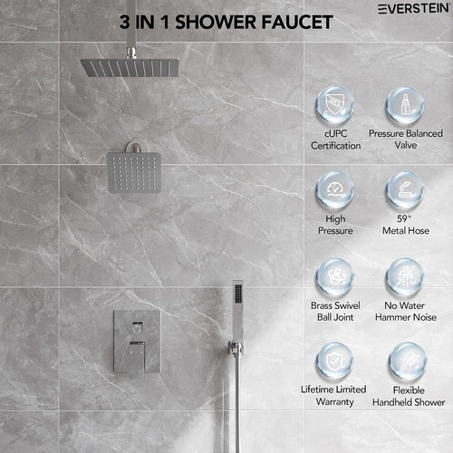 10' High-Pressure Rainfall Shower Faucet, Celling Mount Dual Shower Head System, Polished Chrome