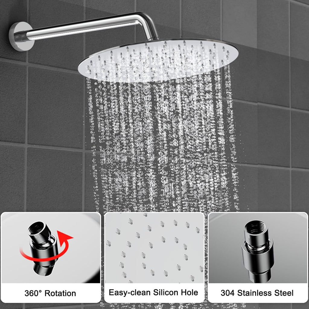 Shower Faucet Set 12IN Brass Rough-In Valve Body Trim Kit Rainfall Included Handle Accessories Complete 2 Functions with Rain Head and Handheld Bathroom Systems (12'', Chrome Polished)