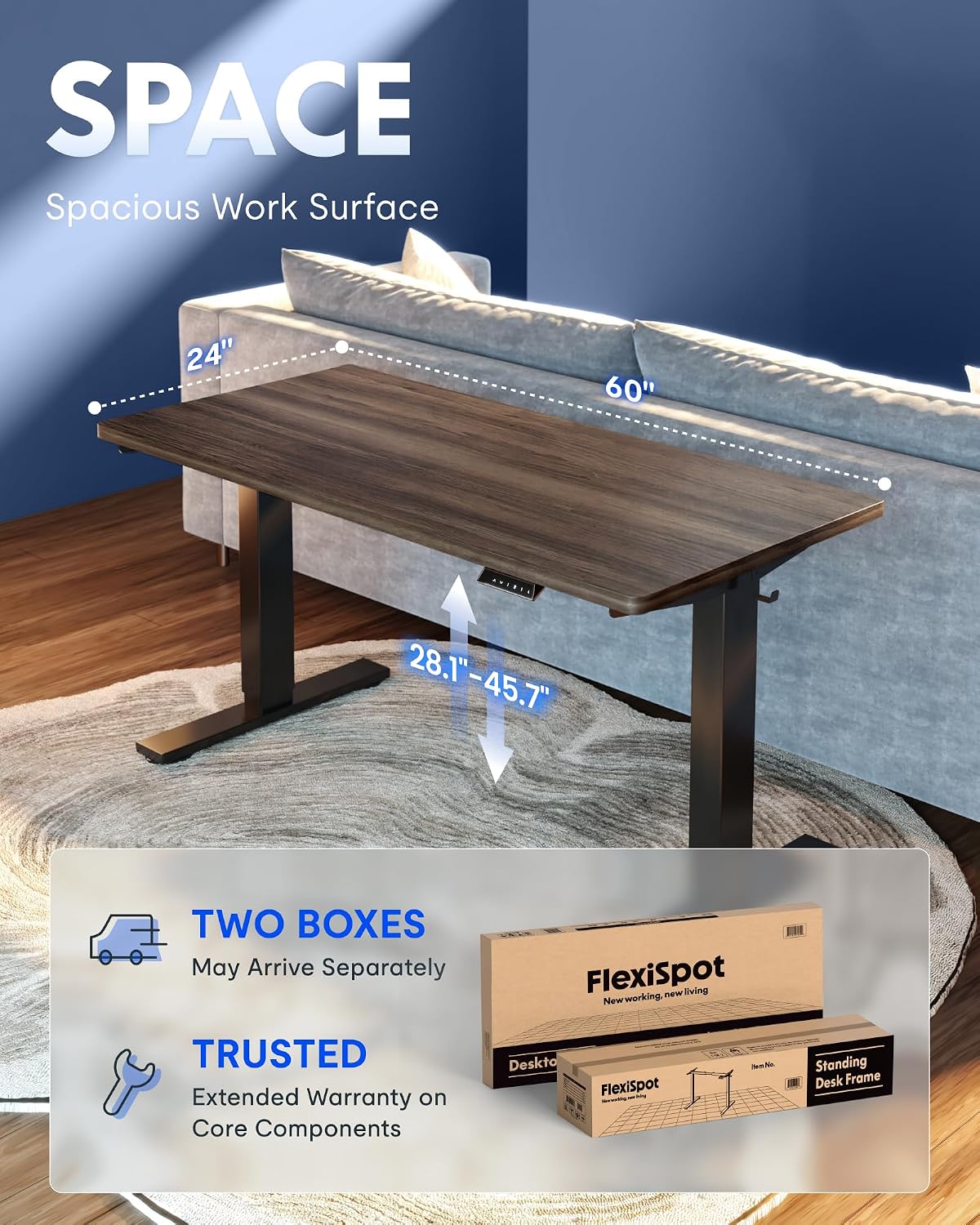 FLEXISPOT EN1 One-Piece Standing Desk, Electric Adjustable with 4 Memory Presets, 176 LBS Capacity, Stable & Quiet, Seamless Desktop for Home Office & Dual Monitors, 60'x24' Black Walnut
