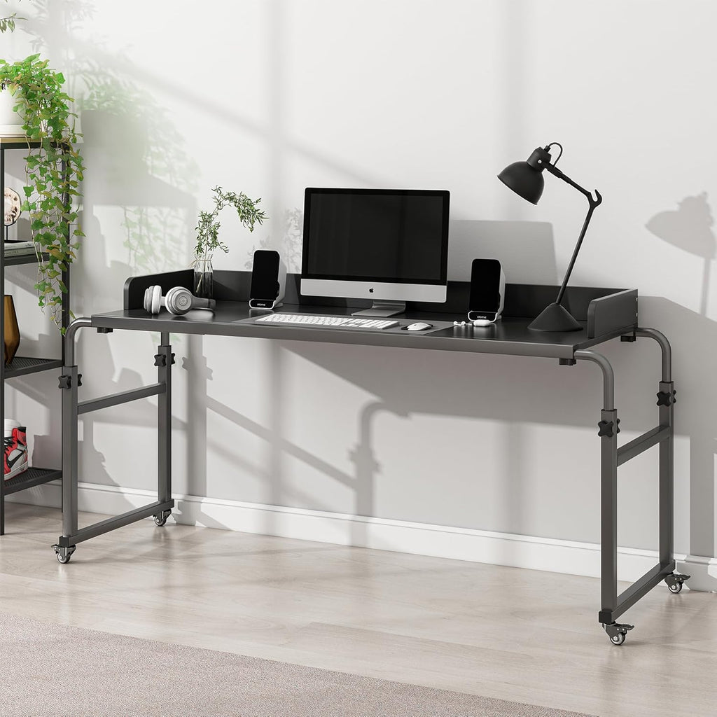 LINGMI Kids and Adult Desk, Overbed Table with Wheels, Bed Desk Recliner Table Adjustable Height Laptop Table, Queen King Size Over The Bed Table with Metal Leg(Black)