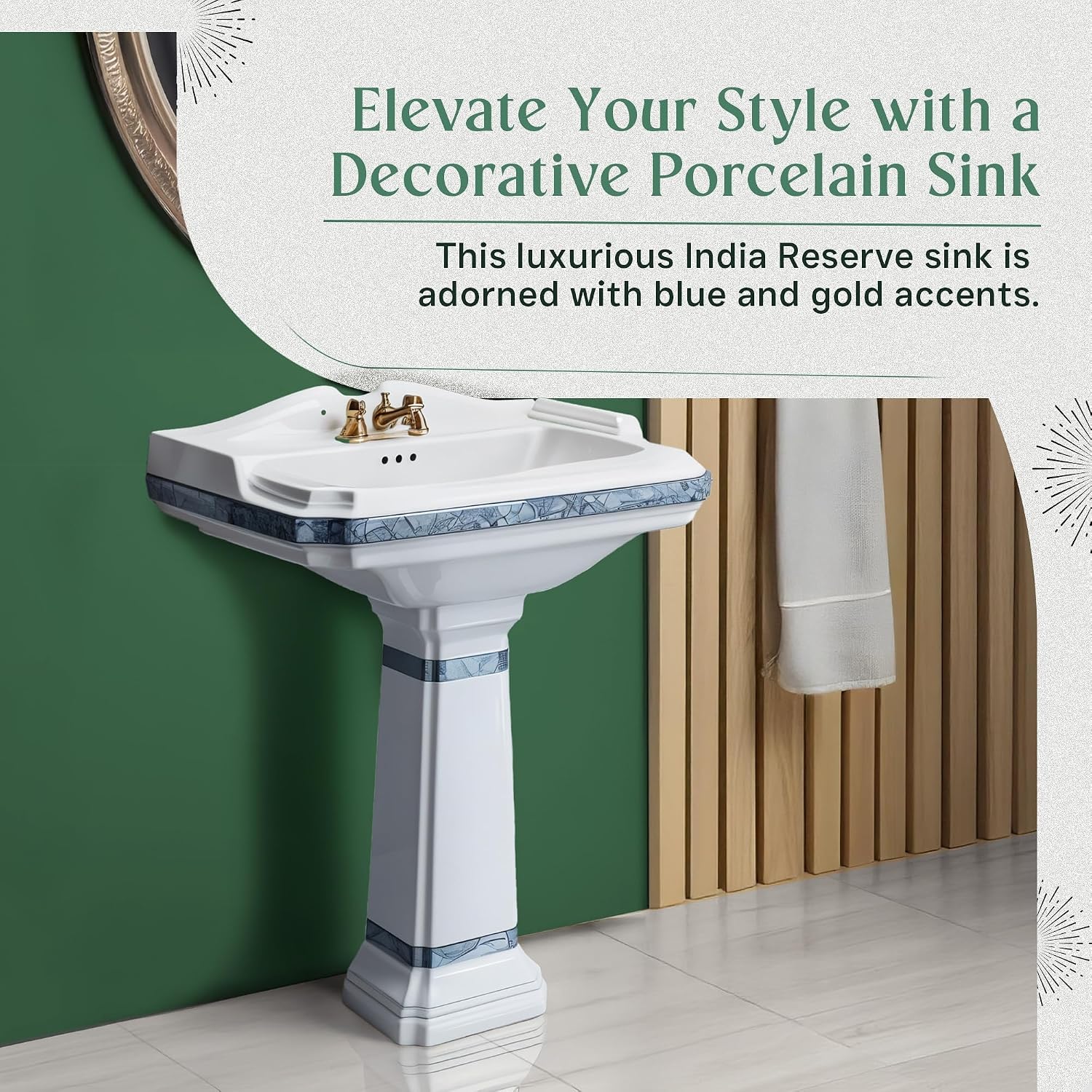Renovators Supply Manufacturing India Reserve 23' W x 34.25' H x 18.5' Proj. Ornate Blue Gold Bathroom Pedestal Sink, Vitreous China, Compatible with 4 in. Centerset Faucets