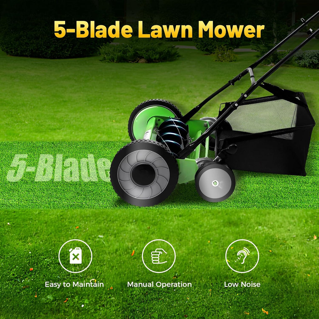 20' Push Reel Lawn Mower, Adjustable Heights Grass Cutter Machine, w/Collection Box, Push Reel Mower 5-Blade for Outdoor Garden Yard Grass Cutting (Green)