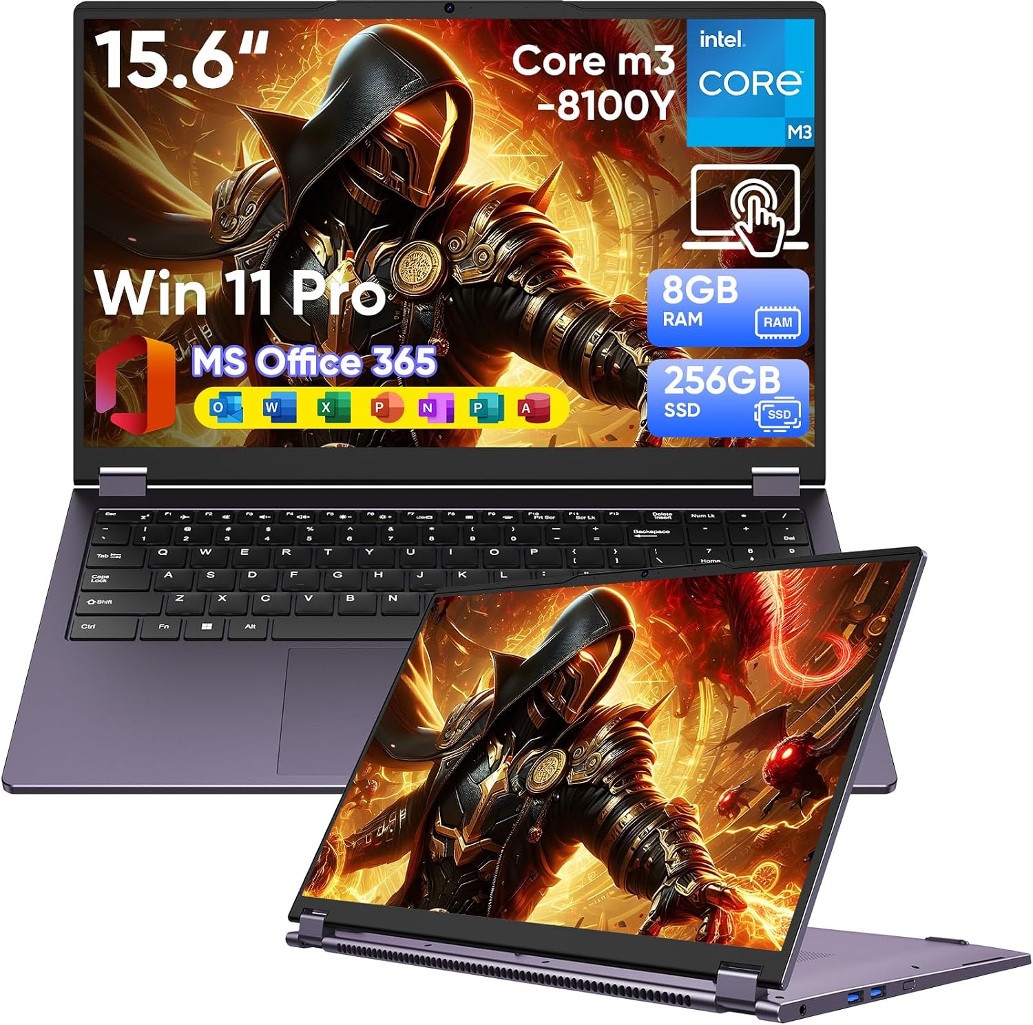 15.6' Laptop Computer 2-in-1,Win 11 Pro 8GB RAM 256GB SSD Core m3 8100Y(up to 3.40 GHz),MS Office 365 Ultra-Thin,FHD Touchscreen, Wi-Fi 5, BT5.1, RJ45,(2in1 8GB RAM 256GB SSD)