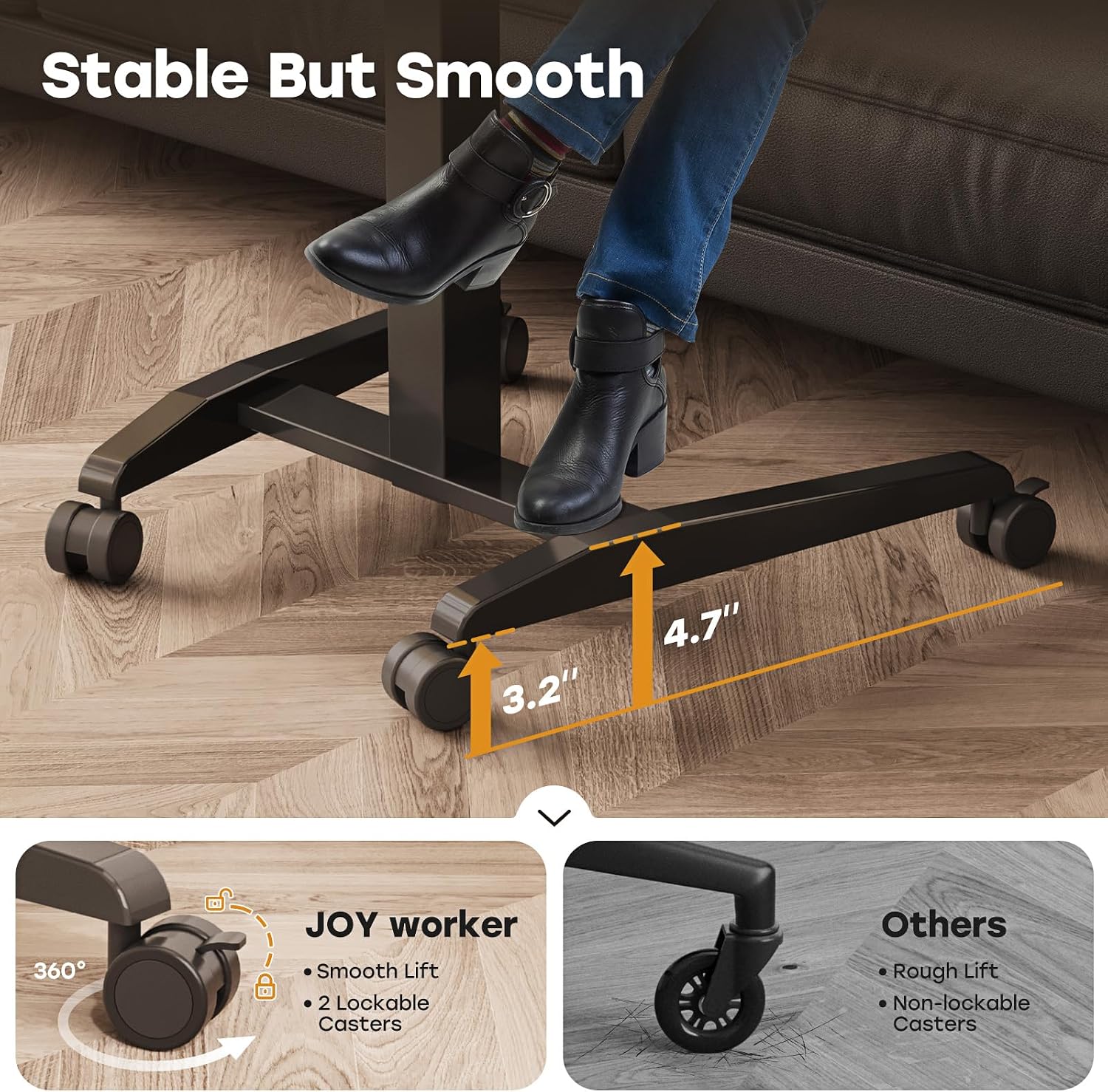 JOY worker Height Adjustable Rolling Laptop Desk with Shelf,Mobile Standing Desk,Pneumatic Mobile Laptop Table with Wheels for Couch Home Office School,Holds Up to 22lbs,Dark Walnut