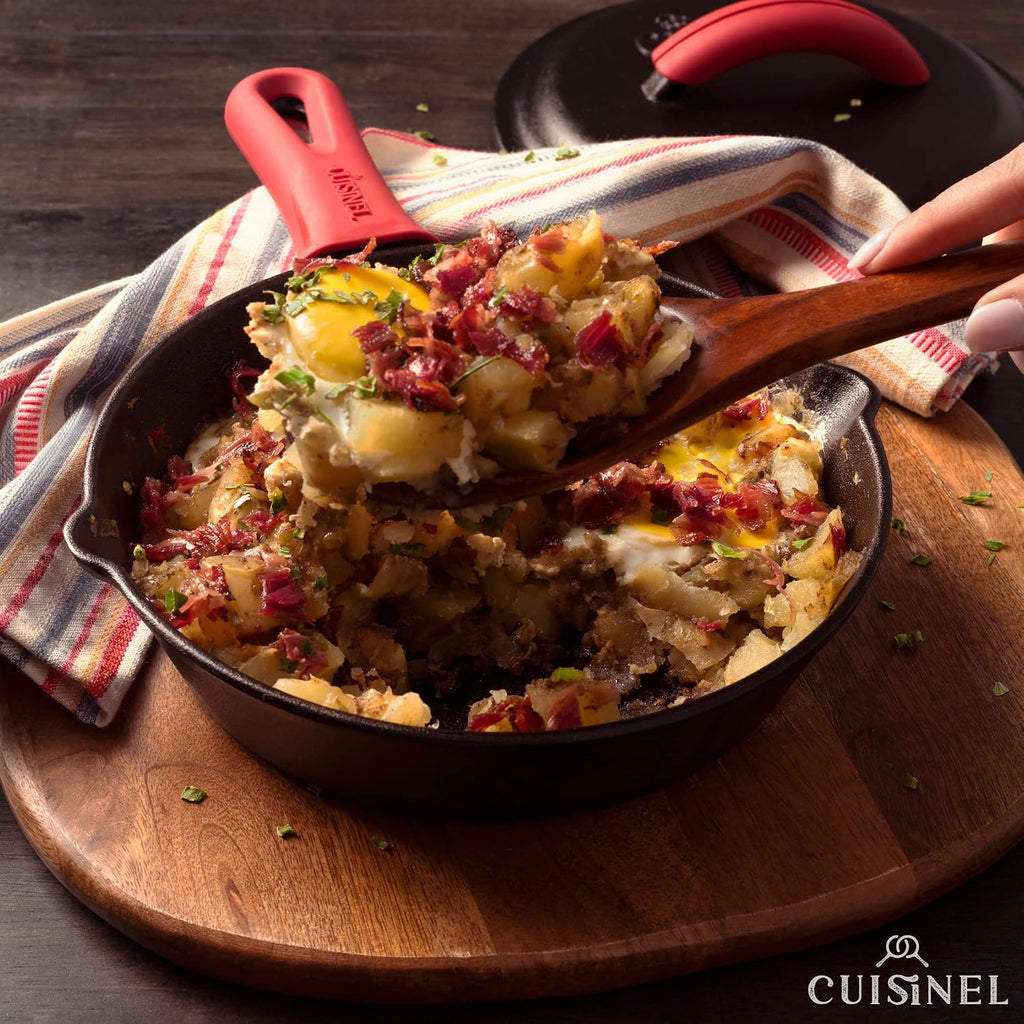 Cuisinel 12' + 10' + 8'-Inch Cast Iron Skillets Set with Braiser Lids + Silicone Handle Grips + Pan Scraper - Indoor/Outdoor Pre-Seasoned Kitchen Cookware - Oven, Fire, Stove Safe
