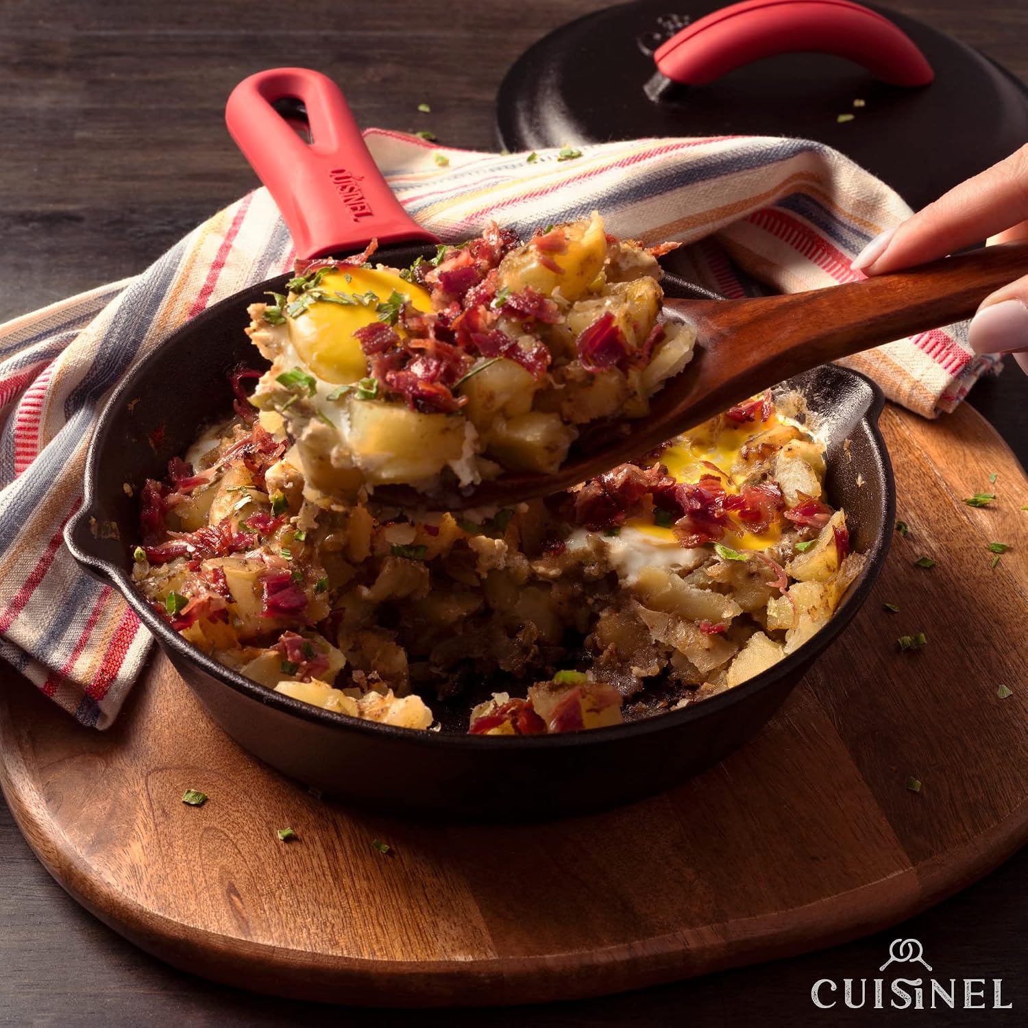 Cuisinel 12' + 10' + 8'-Inch Cast Iron Skillets Set with Braiser Lids + Silicone Handle Grips + Pan Scraper - Indoor/Outdoor Pre-Seasoned Kitchen Cookware - Oven, Fire, Stove Safe