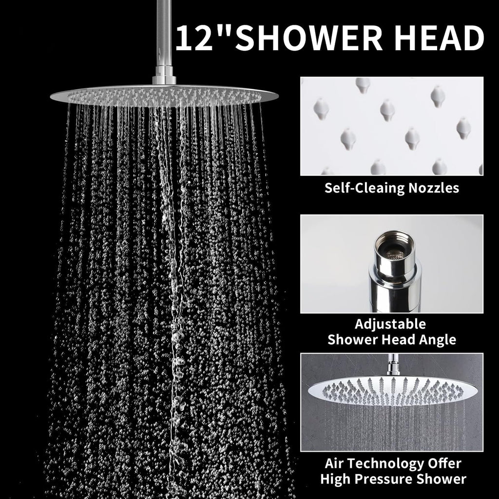 Chrome Shower Slide Bar System with 12inch Ceiling Rain Shower Head and 8inch Shower Faucet Set In Wall, Temperature Display Shower Faucet System Fixture with 2 in 1 Handheld Shower Wand