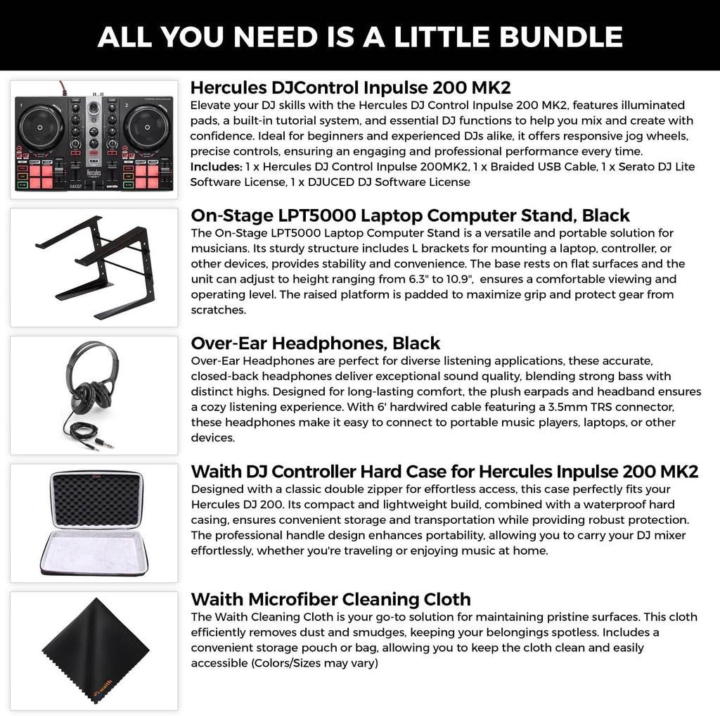 Hercules DJ Controller Inpulse 200 MK2-2 Deck USB DJ Controller with Over-Ear Headphones, On-Stage Laptop Stand, Waith DJ Controller Hard Carrying Case and Waith Cleaning Cloth (Bundle Set)